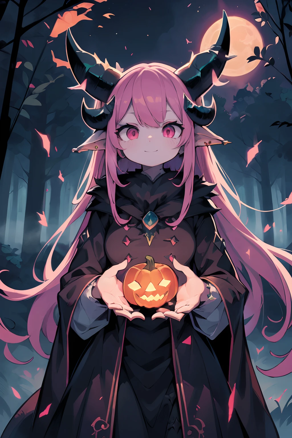 a moon　Holding a pumpkin to your chest　　(Devil Woman With Pink Hair, Spells:1.1,blazing:1.1)(Illustration)(Best Quality,ultra-detailliert,Realistic:1.37),Rabbit-eared witch(Demonic:1.1)(Magic:1.1)(forest)(Short and mysterious,ominous vibe),Cast powerful spells,Exude magical energy(Magic:1.1),vivid pink hair(Swirling pink hair)(Flowing pink hair),Horns(demonic horns:1.1)、piercing red eyes、Enchanted Scepter(Magic Scepter)、Elaborate dark cloves、Glowing magic seal、Fiery embers swirl(Magic embers:1.1)(Glowing embers)、magical aura(glowing aura)、Spooky Shadows、Otherworldly beings(presence)、sinister smile、Sunset in the background(a dark night:1.1)(moonlit forest)、Dense foliage with lush greenery,(Twisted)The tree)(Mysterious plants:1.1)、Mystical particles(Swirling particles)(Floating particles)、ethereal glow(Ethereal:1.1)(soft glow)、The tree々Faint moonlight shining in between、Unforgettable and captivating(scary atmosphere)、Bewitching beauty、Ephemeral colors(Colors and colors)(contrasted colors)、Mystical realm、Impressive details、dynamic compositions、Captivating artwork、Photorealistic style(Picasso style)、Impressive shading and lighting、explosive energy、Fantastic atmosphere(Fantasy atmosphere)、dreamy scene