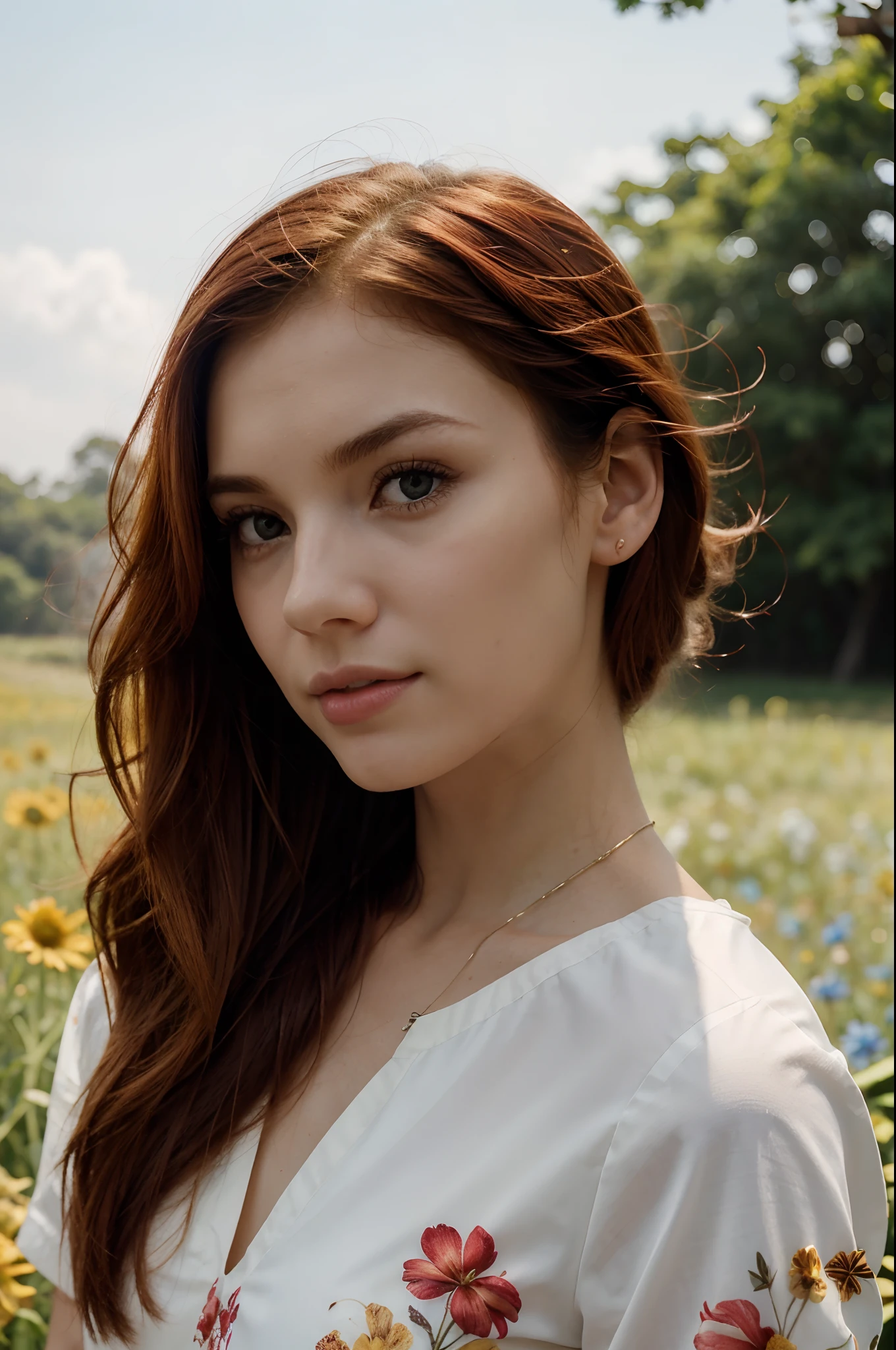 Generate an image of a breathtaking red-haired woman. Your hair is a wonderful cascade of red strands that fall in gentle waves around your shoulders. Ela tem um rosto encantador, com sardas que adornam suas bochechas, nariz e ombros, enhancing its natural beauty. His eyes are amber in color, And they shine with a mixture of curiosity and mystery. Her skin is pale and flawless, criando um contraste deslumbrante com seu cabelo vermelho. She's wearing a sun dress with floral prints, that complements her appearance and makes her look radiant. She's in a field of wildflowers, banhado pela luz dourada do sol poente, criando uma cena de beleza natural e serenidade