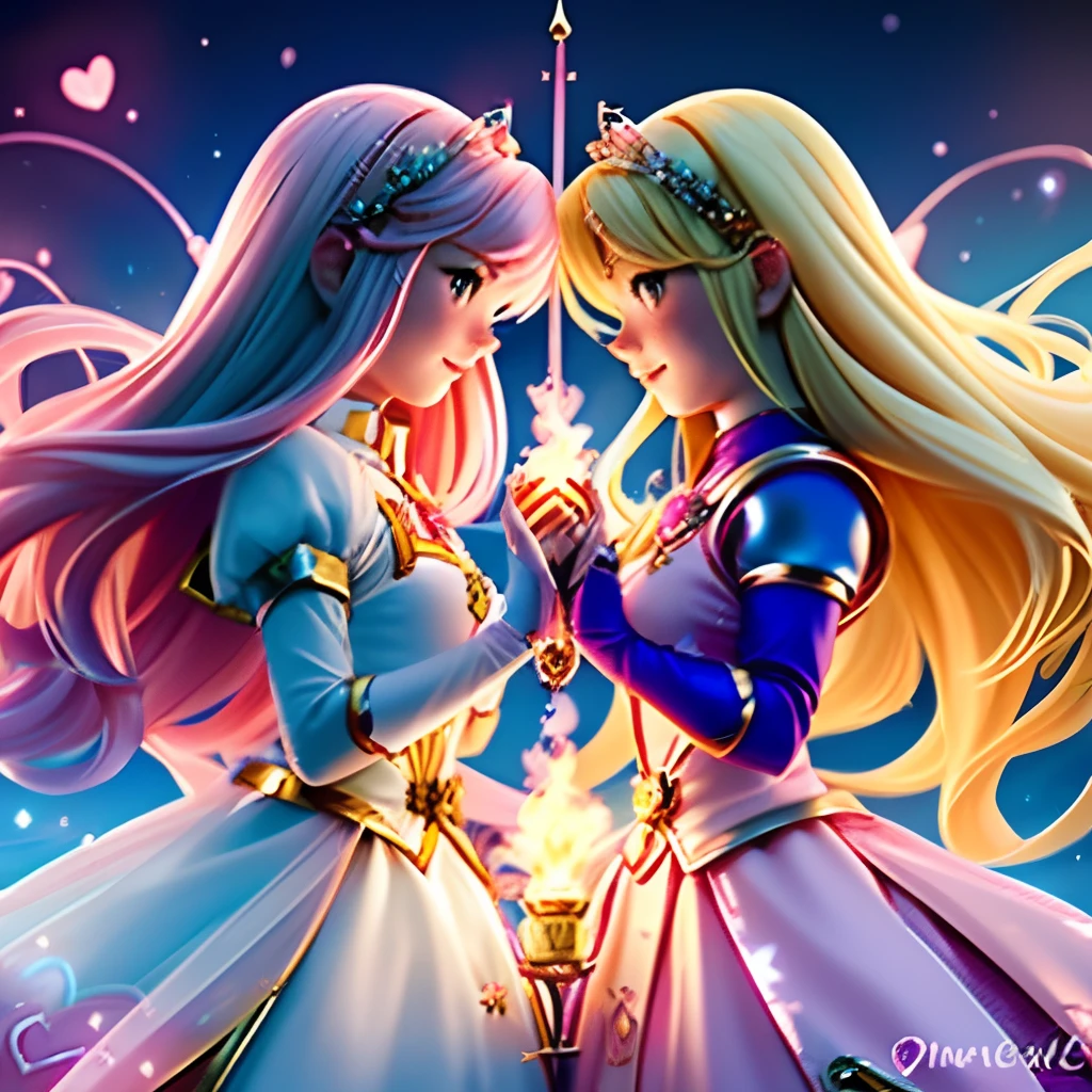 fantasy art of 2girls, a magical girl with pink hair, a princess with blonde hair, cute friends, clear image, 8k, elaborate dresses, otherworldly, fire magic