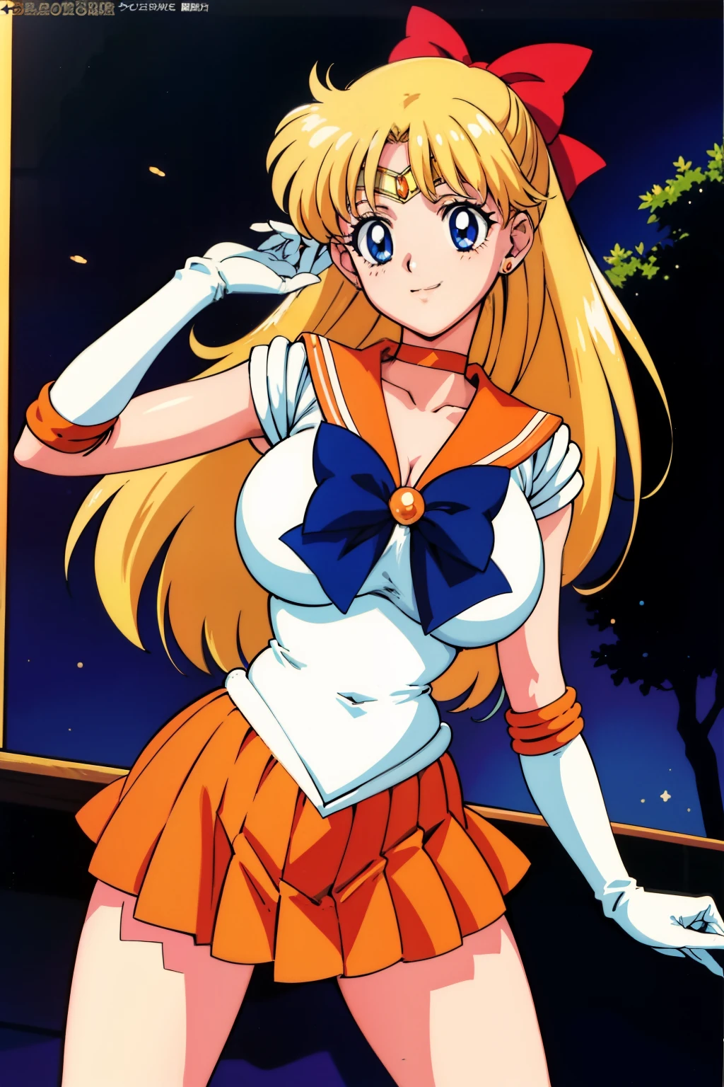 1990s \(style\), 1990s anime cels style, Best Quality, High resolution, large breasts, sv1, sailor senshi uniform, orange skirt, elbow gloves, tiara, pleated skirt, orange sailor collar, red bow, orange choker, white gloves, jewelry, smile, night