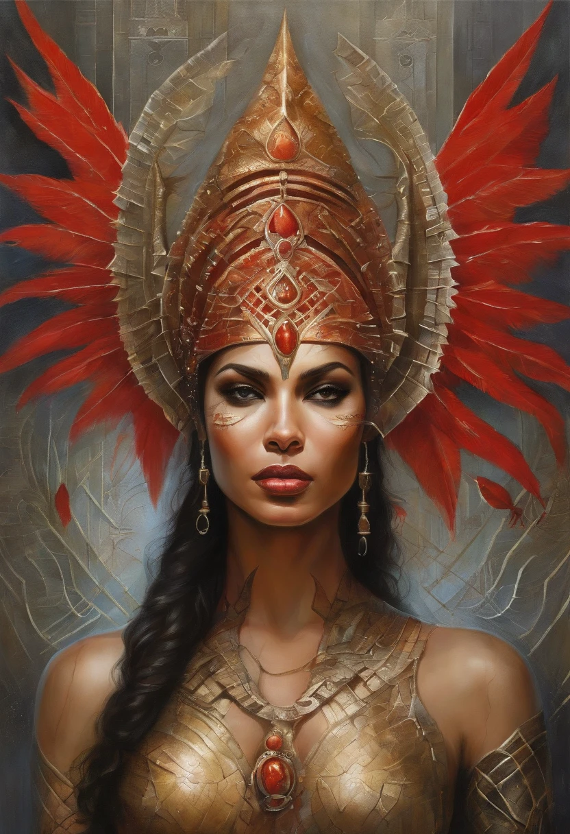 Futuristic indigenous futurism,Actress Priyanka Chopra as an advanced cybernetic cyborg Hindu goddesses of war, Sensualidade,Artistic details,mitologia hindu cyberpunk,epic sci-fi fantasy, Centrado,in the style of Nick Alm fantastic futuristic fantasy compositions, prisma escuro, Escuro, Metal compositions, symmetrical arrangements, iridescent metallic colors , narizes distintos, Ethereal,respingo de sangue colorido, Attractive metallic compositions, Symmetric geometry, narizes distintos, Gothic references, with bold lines and strokes of black,Branco,vermelho, ouro e prata, fantasy science fiction art, uma pintura detalhada, ,Alex Alemany mescla Karol Bak