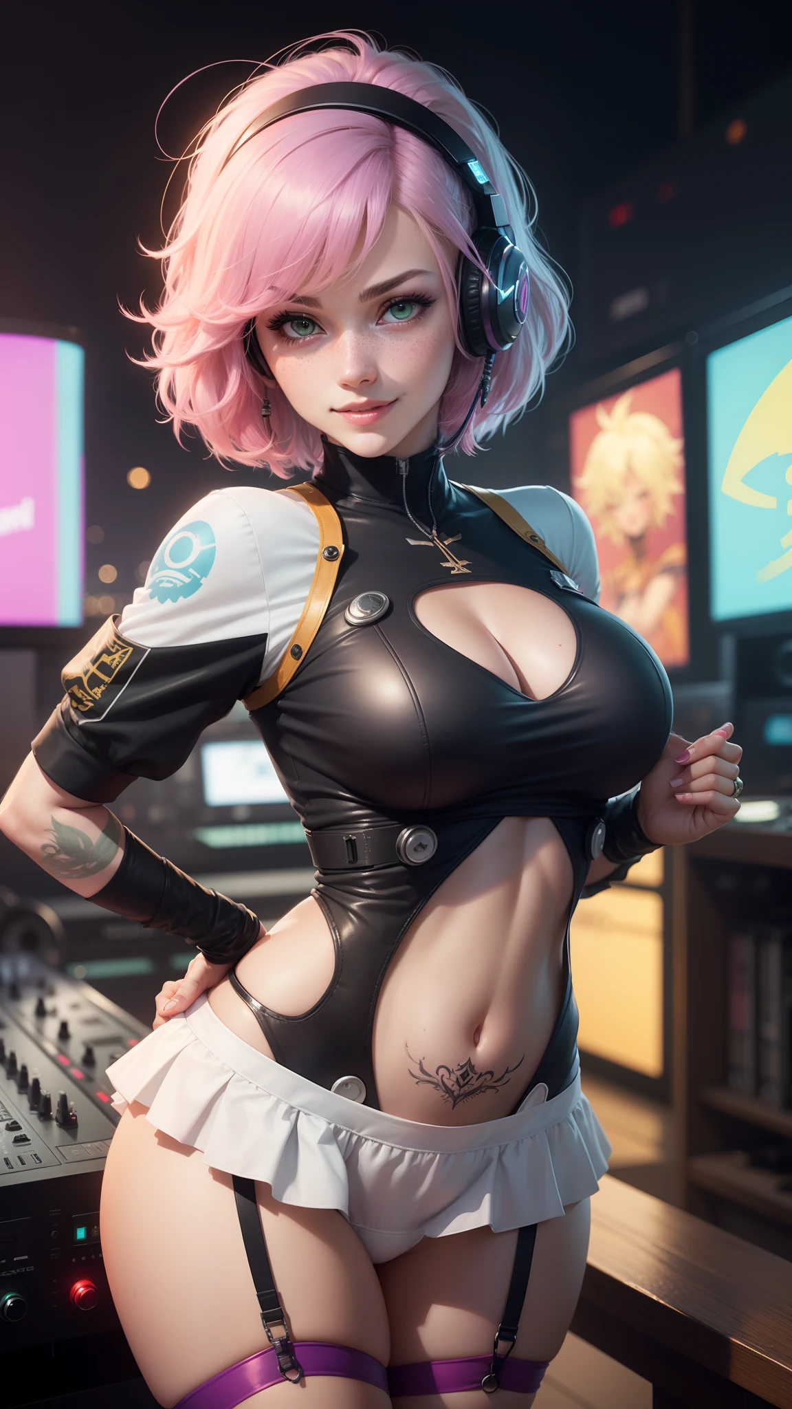 gwen tennyson,lumine,y'shtola rhul,tracer,nier automata,atelier ryza,close up,mecha pilot,night club,tattoos,glowing pink and plugsuit,white short sleeve top,purple tight micro ruffle skirt,garter belt,uncovered belly,short hair,cute makeup,green eyes,dimensional golden hair,sexy smile,freckles,beautiful girl,large breasts,8k,ultra detailed, realistic,fantasy art,pink cyborg armor,dj mixer,dj headphones,big speakers,dj uniform,ear piercings,saiyan girl,saiyan female,pink short sleeve pilot jacket,dancing,