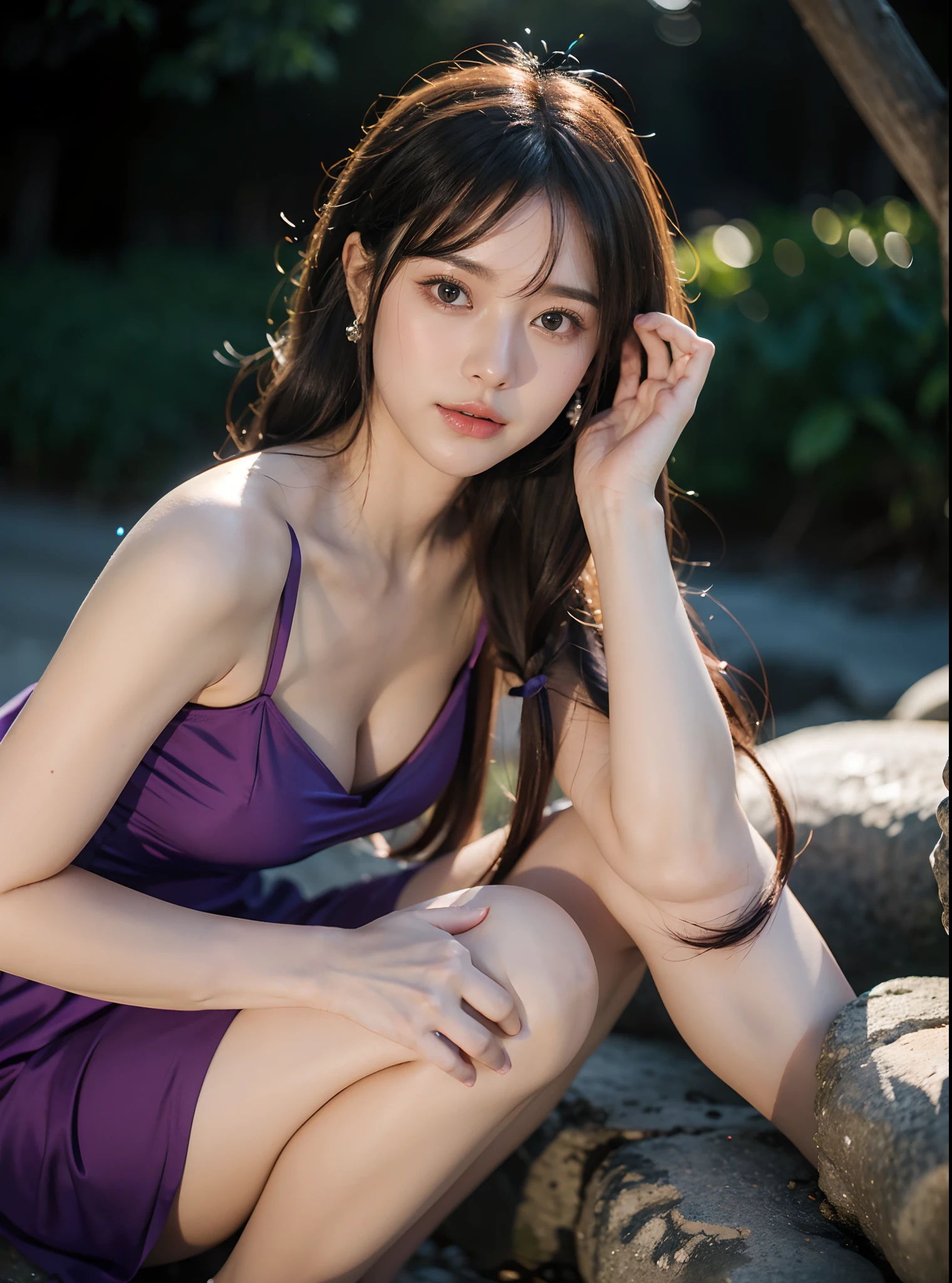 1 Girl, Very bright backlight, Solo, {beautiful-detailed eyes}, summer night, large full breasts, Brilliant moonlight, calm expression, Natural light and soft light, Hair fluttering in the breeze, delicate facial features, Blunt bangs, beautiful Korean girl, Eye Smile, Very small earrings, Sexy tight dresses, 20 yo, ((model poses)), Glamour body type, Fantastic night forest, (colorful hair, Half blue and half brunette:1.2), Water, liquid, natta, colourfull, watercolor, It blooms with blue and yellow flowers, (Red and purple theme), film grain,