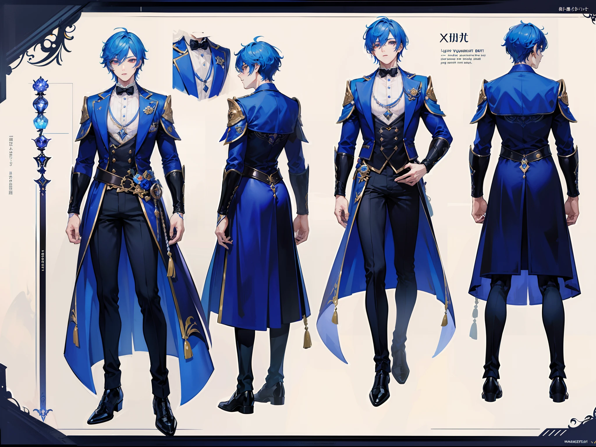 ((Masterpiece, Highest quality)), Male, boy, Detailed face, character design sheet, full bodyesbian, Full of details, frontal body view, back body view, Highly detailed, Depth, Many parts, Muscle boy with blue hair,handsome man, vampire outfit clothes, Genshin Impact, man tall