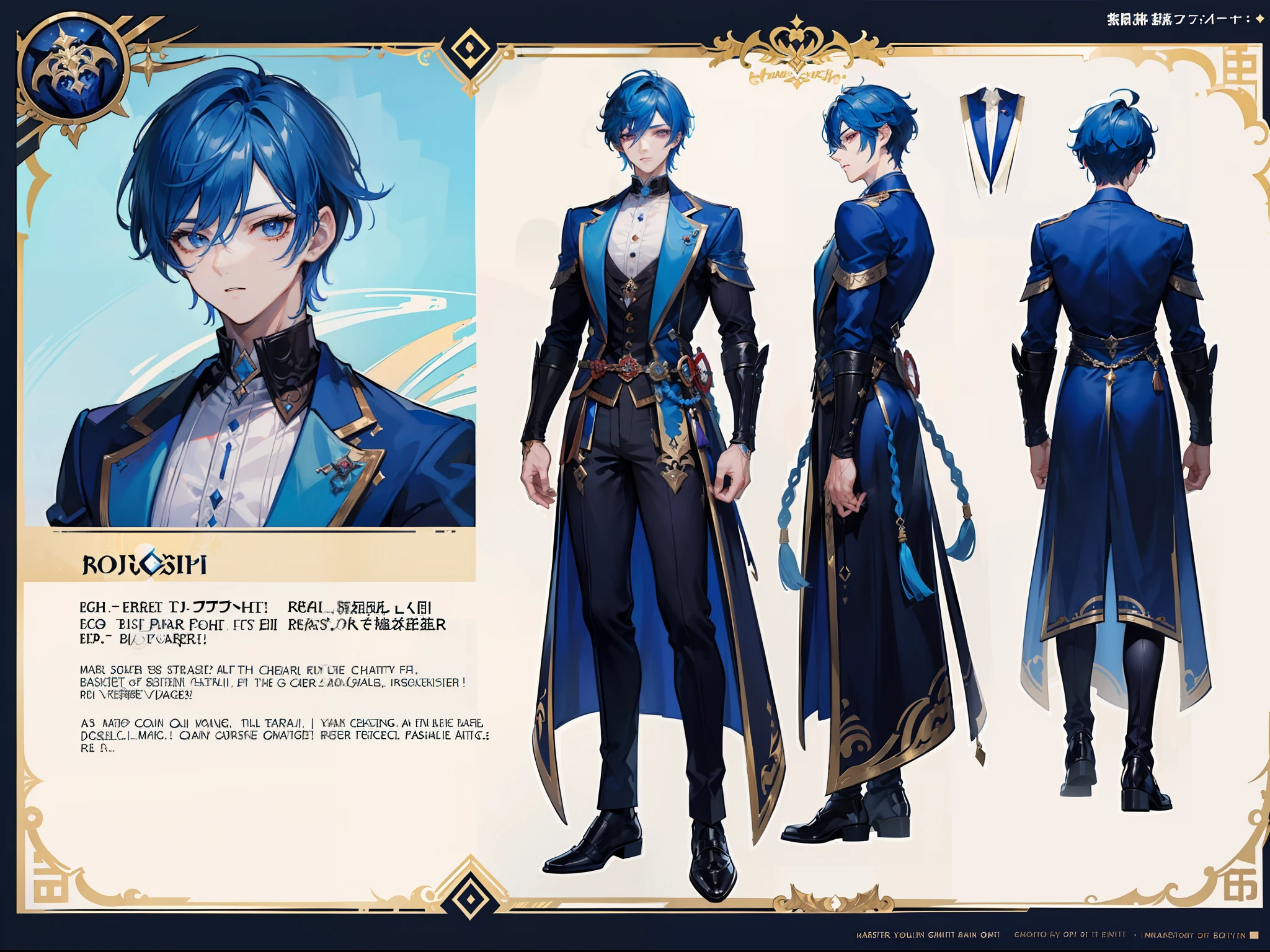 ((Masterpiece, Highest quality)), Male, boy, Detailed face, character design sheet, full bodyesbian, Full of details, frontal body view, back body view, Highly detailed, Depth, Many parts, Muscle boy with blue hair,handsome man, vampire outfit clothes, Genshin Impact, man tall