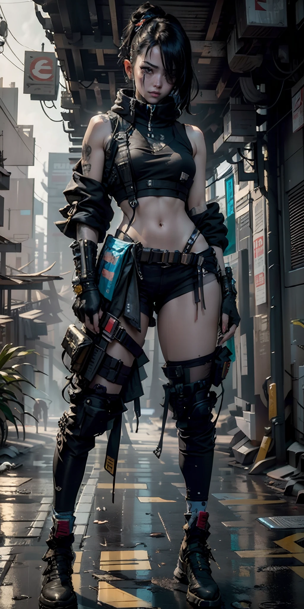 ((Best quality)), ((masterpiece)), (highly detailed:1.3), 3D, beautiful (cyberpunk:1.3) street samurai woman with thick shapeless hair, pistols worn on hips.