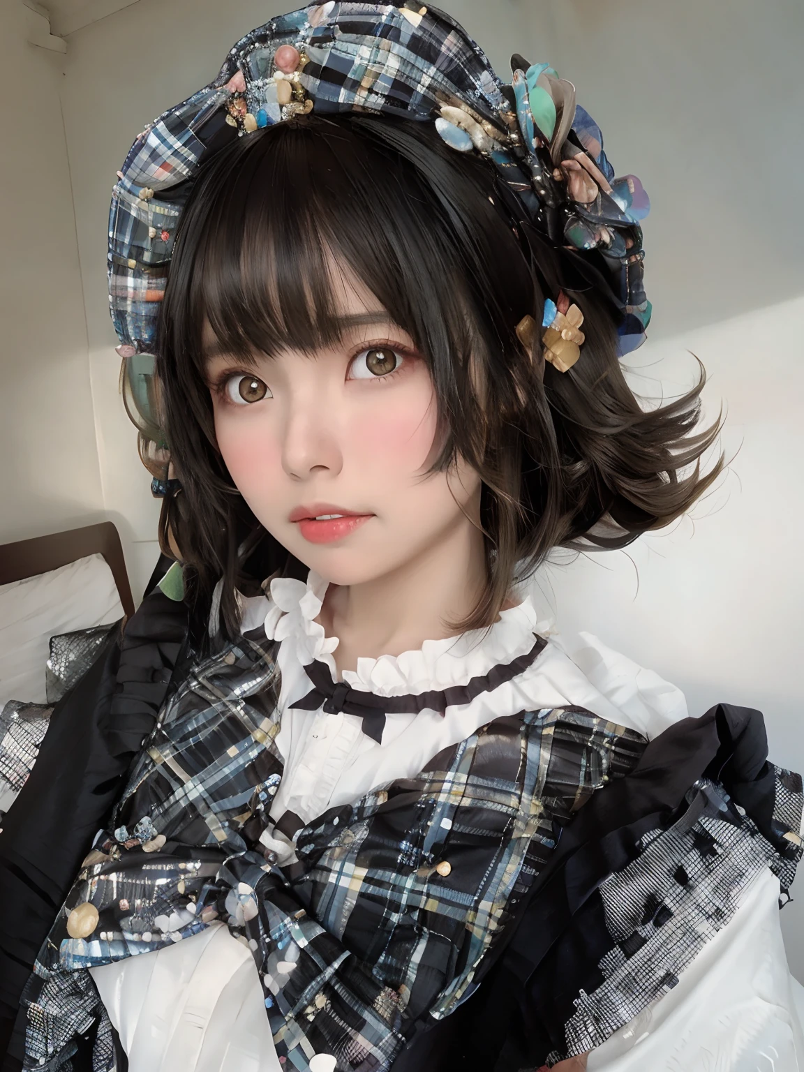 Un primer plano de una mujer con un vestido a cuadros y un sombrero, Cabello negro Hime cortado, con pelo corto con flequillo, Peinado blanco de corte hime, portrait of magical lolita girl, Retrato realista kawaii, 1 7 - year - old anime goth girl, Cabello limpio con flequillo, con el pelo corto, Peinado kawaii, Peinado kawaii, Chica de anime en la vida real