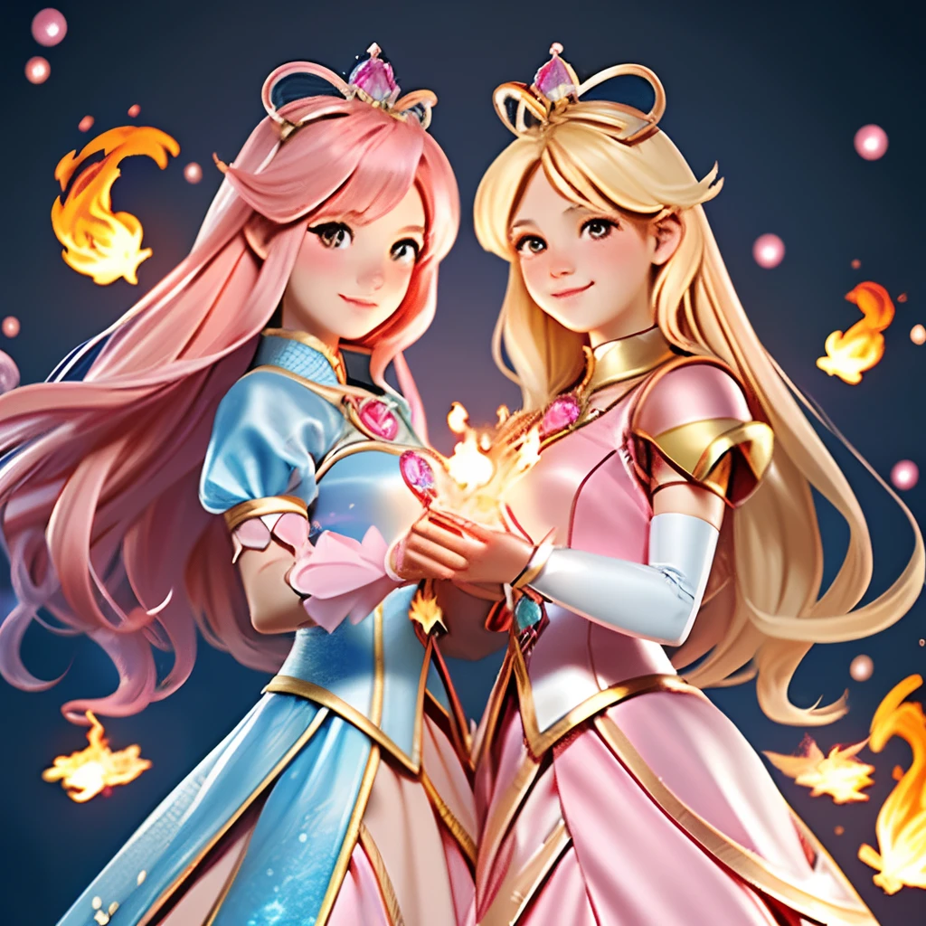 fantasy art of 2girls, a magical girl with pink hair, a princess with blonde hair, cute friends, clear image, 8k, elaborate dresses, otherworldly, fire magic