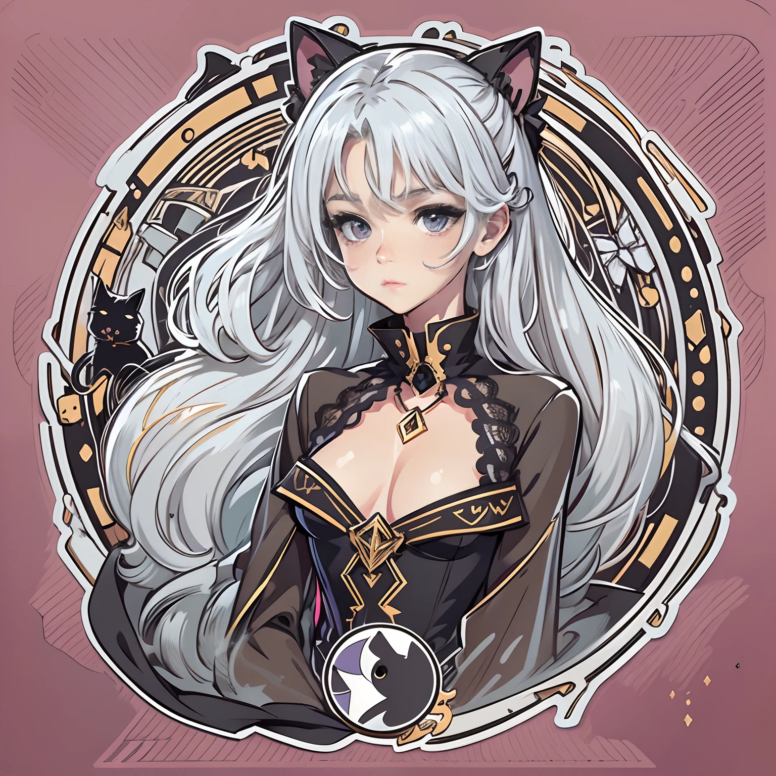 a sticker, Dignified anime girl head, long layered silvery white hair,Light purple eyes,pouty,Black Dress,Black Princess Dresses,There is only one black cat,In a circle, White background, Gold-rimmed,It features a simple, ultra-detailliert, Detailed drawing, vectorized, silhuette, 8K, professional sticker design, Flat design, Vector lines, a sticker, Drawing, Drawing, Full-HD