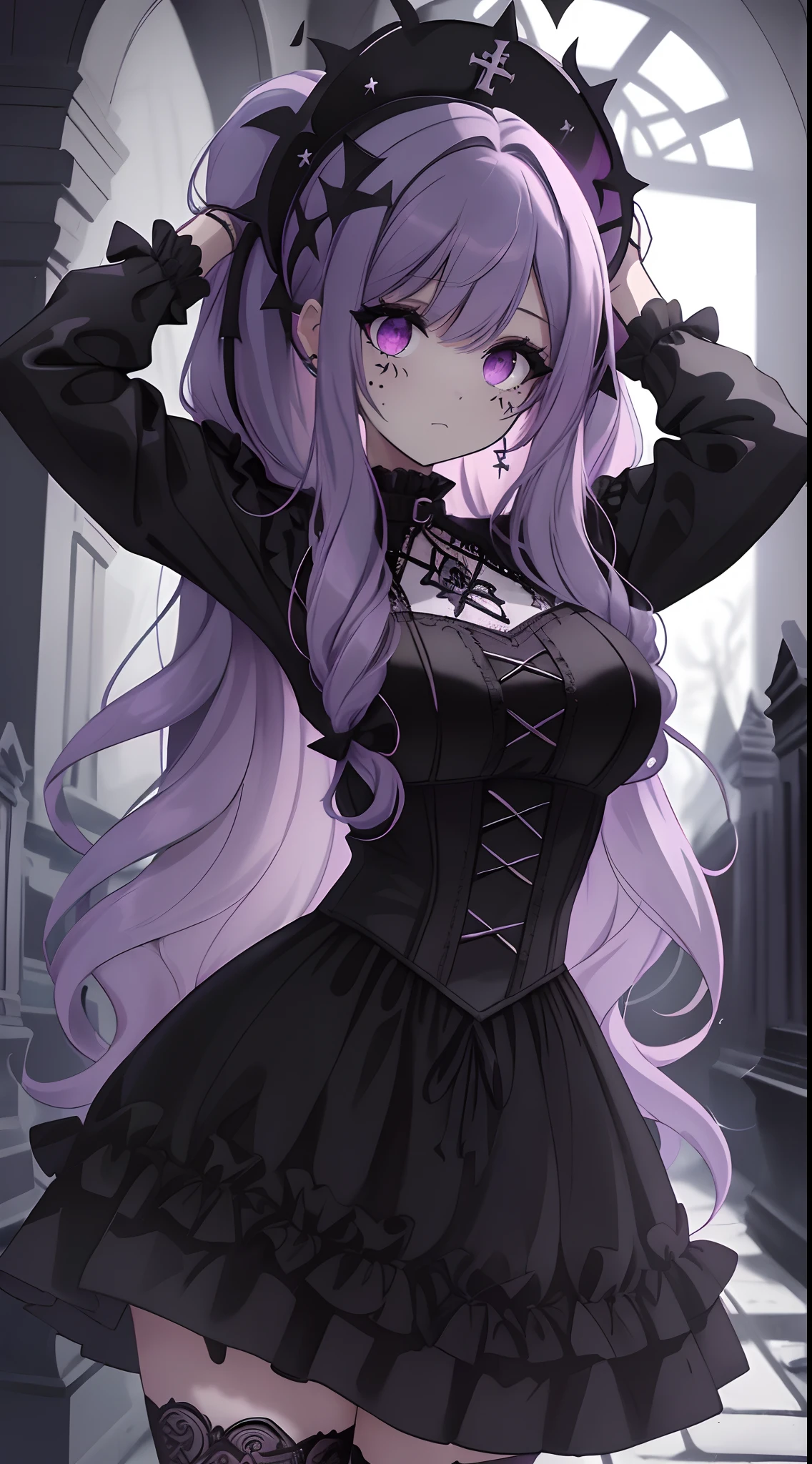 un primer plano de un dibujo de una chica con el pelo morado, (pastel gothic:1.4), character design : : Gothic, (Bruja oscura de moda:1.4), 1 7 -  - old me goth girl, neo goth, Chica Nigromante Cyborg Santa, goth girl, Dreamy Goth Girl, Gothic anime girl Maiden, violeta y negro, pastel goth aesthetic, Hermosa chica nigromante, More detailed 8K.motor irreal:1.4,UHD,La mejor calidad:1.4, fotorrealista:1.4, textura de la piel:1.4, obra maestra:1.8,obra-prima, mejor calidad,objeto Objeto], (detailed face features:1.3),( Fondo cementerio oscuro:1.4)