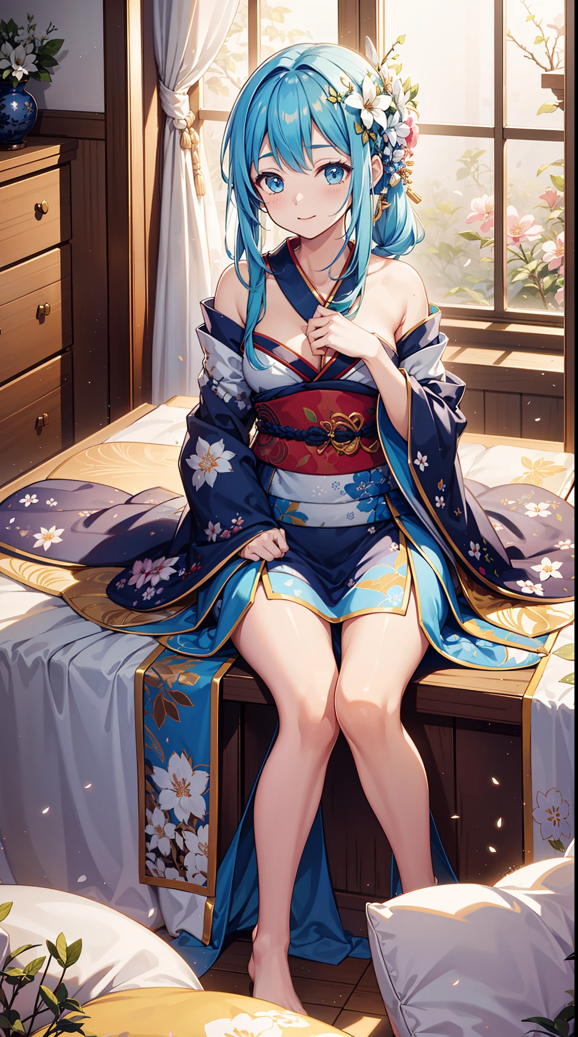 solo person，the night，inside in room，is shy，having fun，teens girl，Enchanted，Petal edges，adolable，Light colors，gentleness，extremely detailed CG  8k wallpaper，best qualtiy，tmasterpiece，A high resolution，（japanses clothes：1.2），flower pattern，Bird motif，Botanical motifs