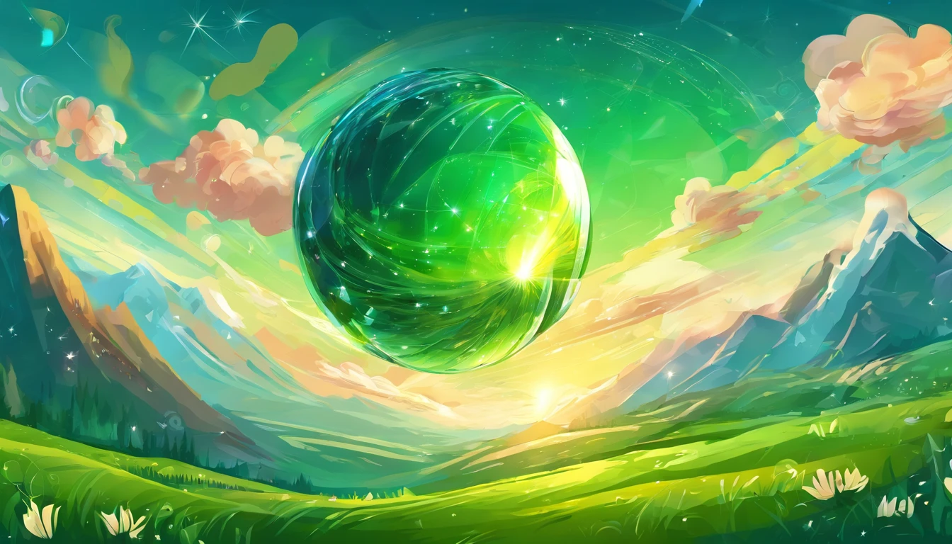 A giant mirror sphere floating in space, flickering lights, sad hamster lost (heaven like green fields surrounded by high mountains and clouds:1.3), particles in the air, god rays, stars in the background, intricate fractals, detailed, (illustration), masterpiece, high resolution, best quality.