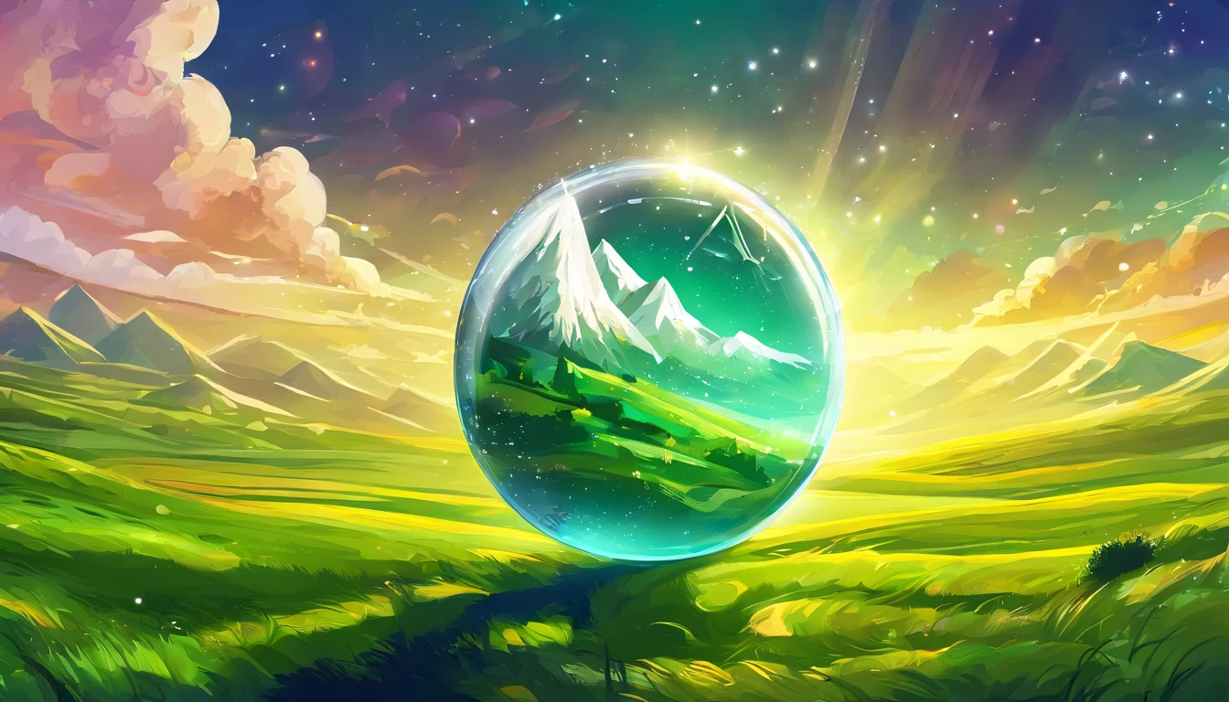 A giant mirror sphere floating in space, flickering lights, sad hamster lost (heaven like green fields surrounded by high mountains and clouds:1.3), particles in the air, god rays, stars in the background, intricate fractals, detailed, (illustration), masterpiece, high resolution, best quality.