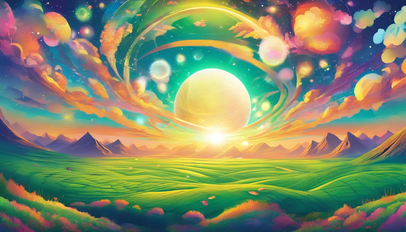 A giant mirror sphere floating in space, flickering lights, sad hamster lost (heaven like green fields surrounded by high mountains and clouds:1.3), particles in the air, god rays, stars in the background, intricate fractals, detailed, (illustration), masterpiece, high resolution, best quality.