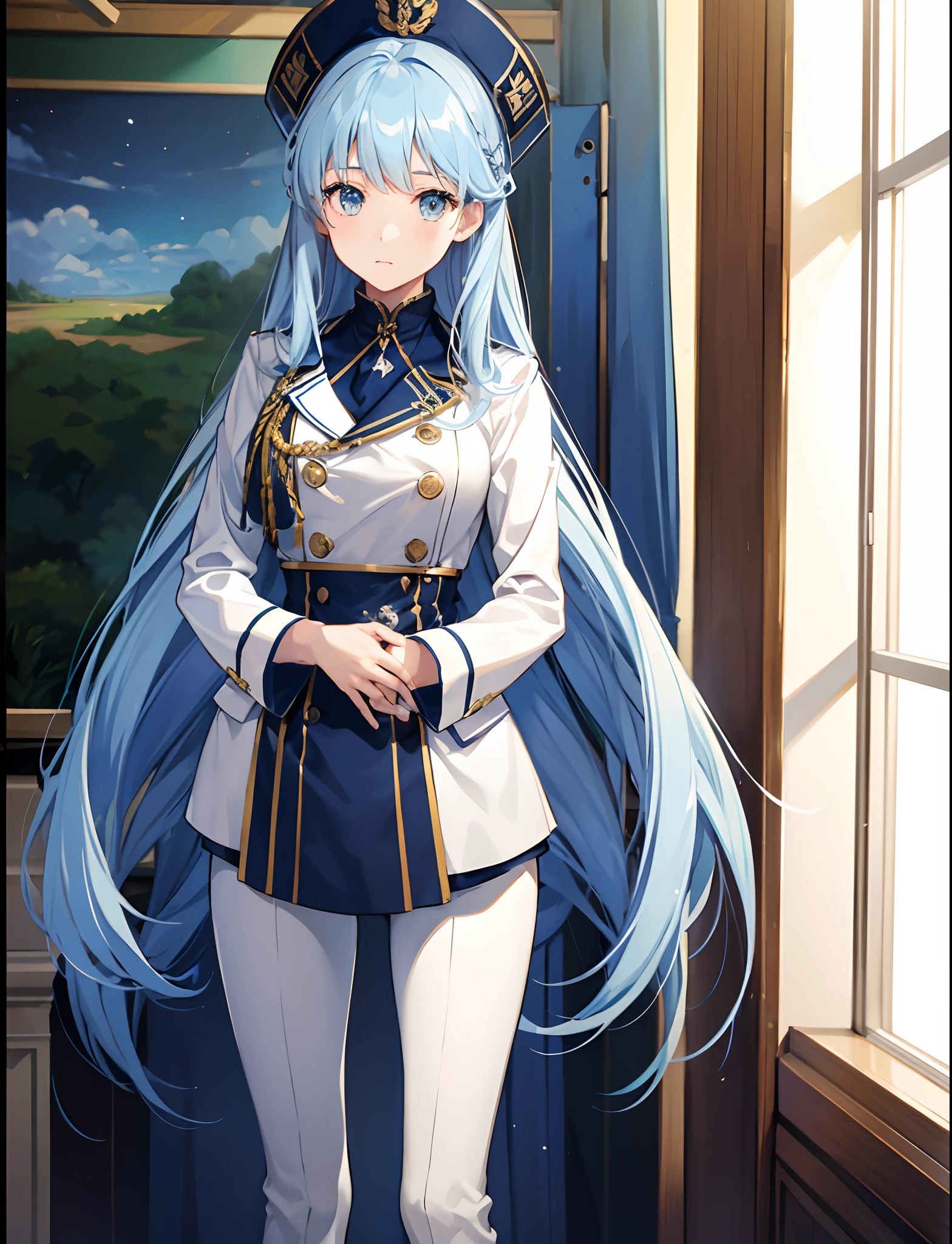 1girl, long hair, light blue hair, navy military uniform, standing on ground, high res, ultra sharp, 8K, masterpiece