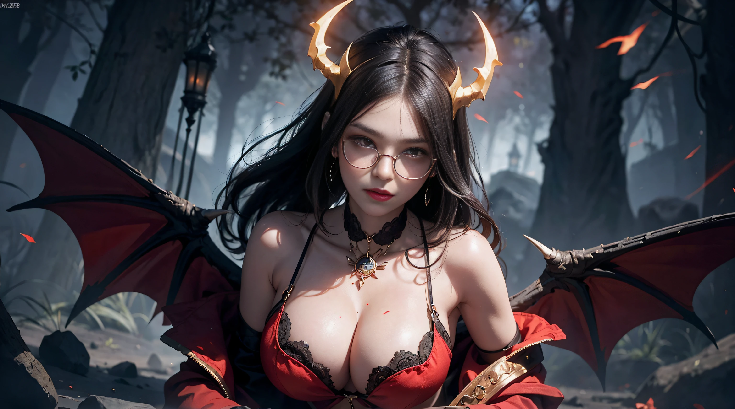 Fine、(The best illustrations)、8k UHD resolution、intricate-detail、top-quality、realisitic、ultra-detailliert、The best lighting、Best Shadows、Soft lighting、Ulutra HD、Dungeon and Dragon、caves、Dungeon、 magia、tentaculata、A Necromancer、natta、Dark style、Succubus、Devil's Daughter、Bat Wings,(((Demon Horns)))、((((black-rimmed round glasses))))、(((Colossal tits)))、(Devil's Tail)、(red eyes glowing:1.6)、masterpiece、beautiful countenance、Tindall Effect、photos realistic、(High Detail Skins:1.2)、8KUHD、Digital SLR、hightquality、a picture、hight resolution、 absurderes、Ponytail distortion、best ratio four finger and one thumb、1人、hair adornments、Red sparkling gemstone necklace、jewely、Beautiful expression、Body Up、Large breasts emphasis、Toned waist、Wide buttocks、Tindall Effect、Photorealsitic、(High Detail Skins:1.2)、In the Dark, lowkey, cowboy lens, (red phoenix dress: 1.0), Long hair, Black hair, Bust, Devil's Palace, devil crown, red eyes make up very sharp and detailed, The most beautiful face, Super tight breasts, Breast augmentation surgery, The breasts are very big and round and round, Black magic costume、Super realistic , Charming smile, The eyes are very well made up, ((Red Eye:1.0)), guweiz, devil style, wearing black mesh socks, Ponytail with a bow tied at the back of the hair, plump beautiful red lips, wearing a thin red and black robe, Hands pull the straps to expose sexy breasts, the landscape is overcast and thunderous, Beautiful female demon portrait, Protagonist Close-up, (Detailed spooky backgrounds:0.8), nffsw, nffsw, The 8k quality, detailed pixel, Meet beautiful girls, Look at the girl's body,