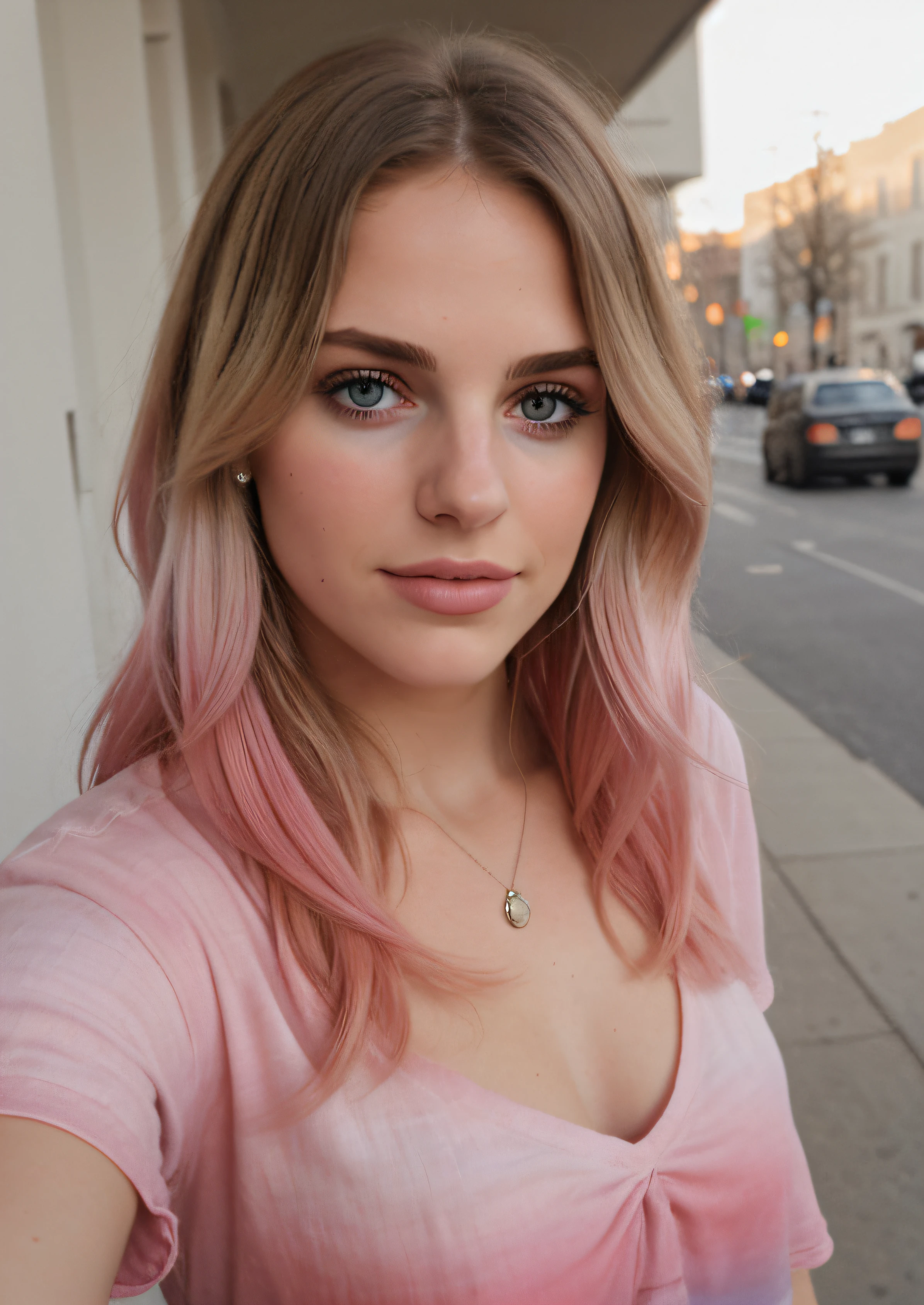 taken with iphone camera BREAK medium shot selfie of a pretty young woman BREAK (ombre:1.3) blonde pink BREAK film grain, medium quality