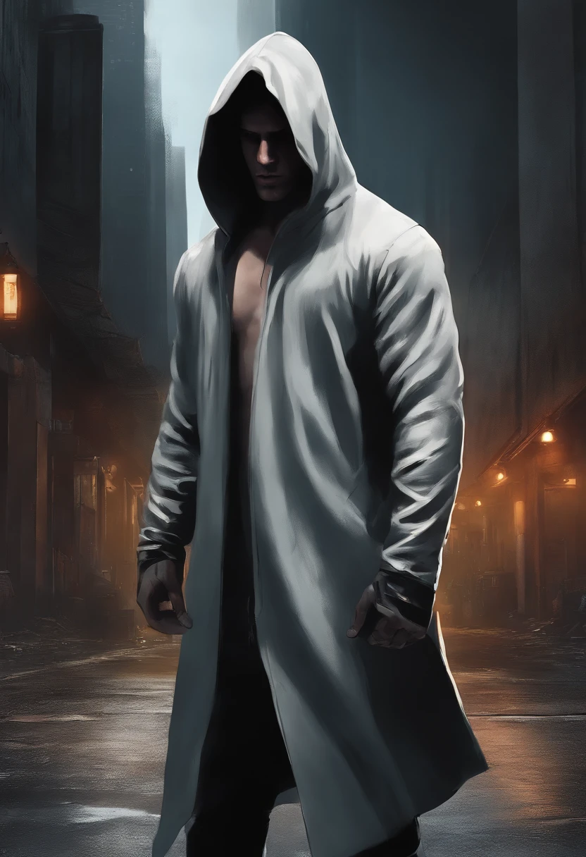 Man standing with the hood down, revealing his face and his white skin in a modern apocalyptic world, Digital painting, Comic book style, Artistation, Meticulous details, Located in streets