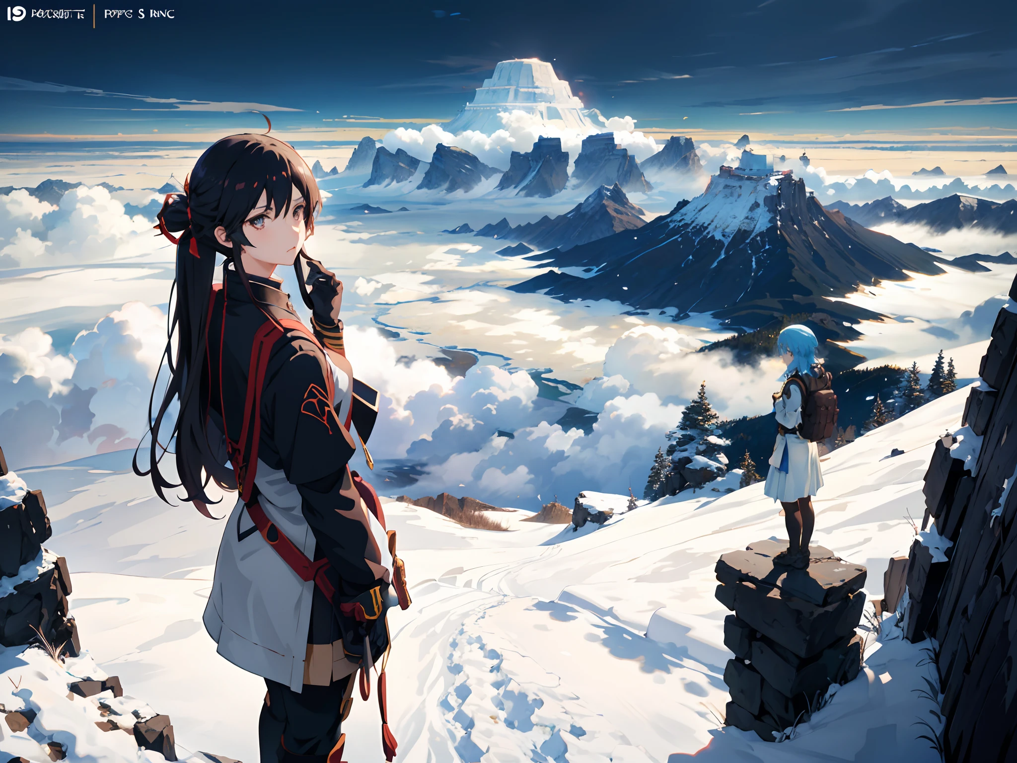 Anime girl with backpack standing on top of a mountain overlooking a mountain below an ancient city, Krenz Cushart e Artem Demura, Makoto Shinkai e Bioware, bela cena de anime, Krenz Cushart e Wenjun Lin, beautiful anime scenery, Anime de hoje ainda em destaque, Artgerm e Atey Ghailan, visual da chave de fundo do anime