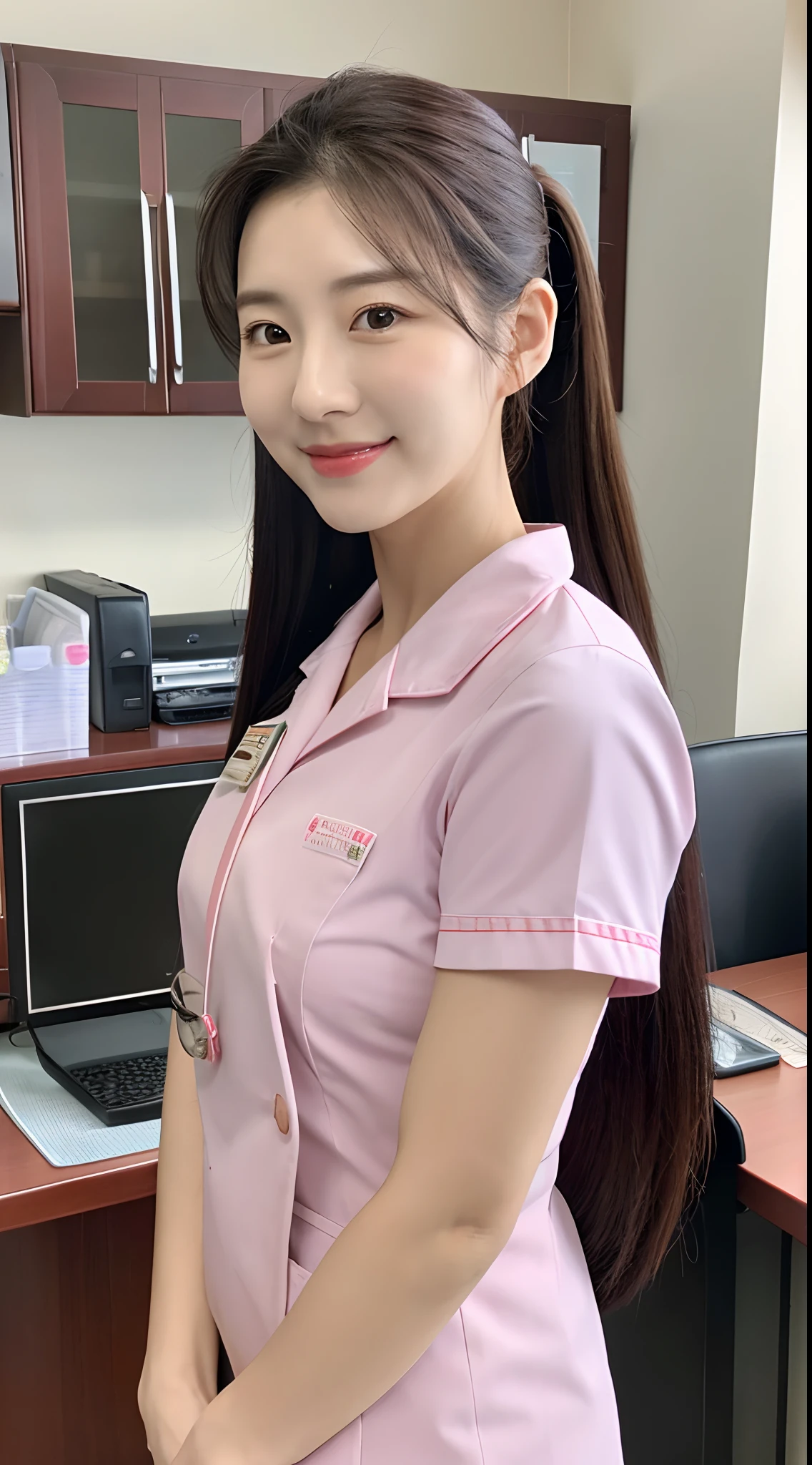 Realistic photos of (1 cute Korean star) ponytail hair, slightly smile, 32 inch breasts size,wearing in nurse uniform, taking selfie, at the office front, upper body portrait, UHD