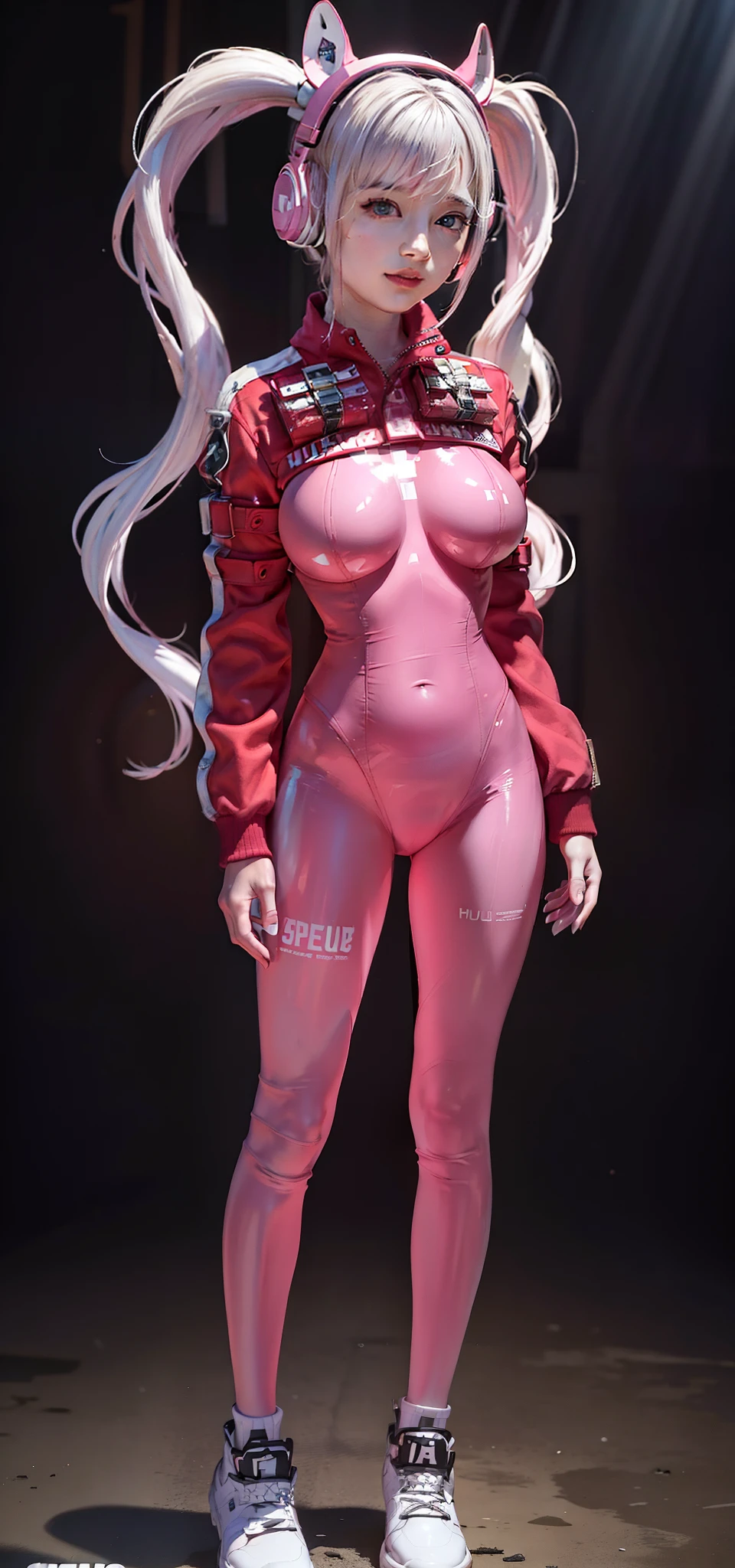 (photorealistic:1.4),best quality, ultra high res,
4k, instagram,
higly detailed,
alice \(nikke\),pink bodysuit,animal ears, fake animal ears, gloves, headphones, headset,
jacket,pink latex bodysuit, pink eyes,twintails, white gloves, white hair,
VirtualGirl-Aim, medium breasts, long hair, crystal pendant, smile,
full body shot,