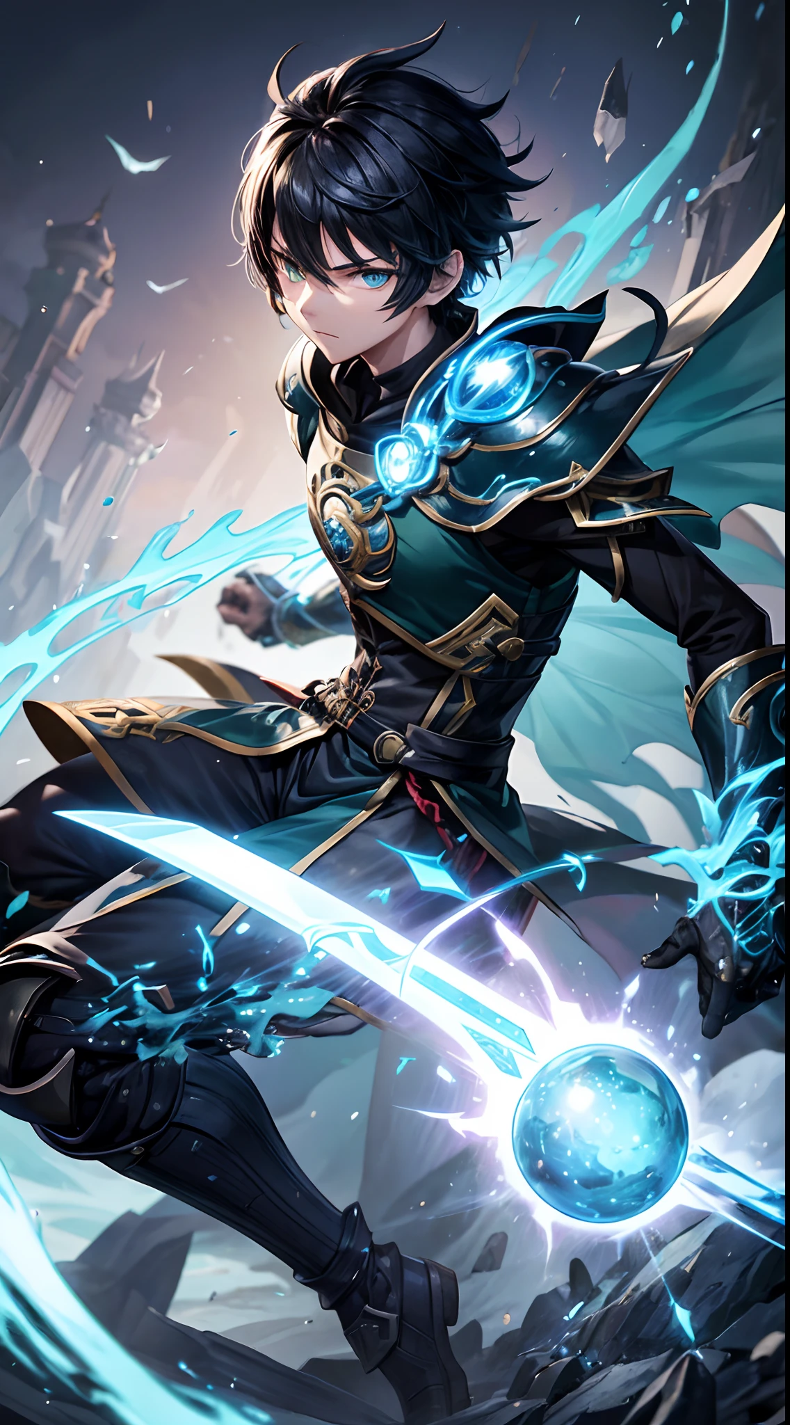 1 boy wear a Anemo Dragon Armor, Air Elemental, Cyber Castle Background, Wind Aura Body, Archon Power, Black Hair, Dark green Eye, Perfect Body, Holding Anemo Dragon Sword, Sad mood, very detailed, Fighting stance, Fantasy, Genshin Impact Style, detailed eyes, detailed face, Anime Art, Anime Style, Anime.