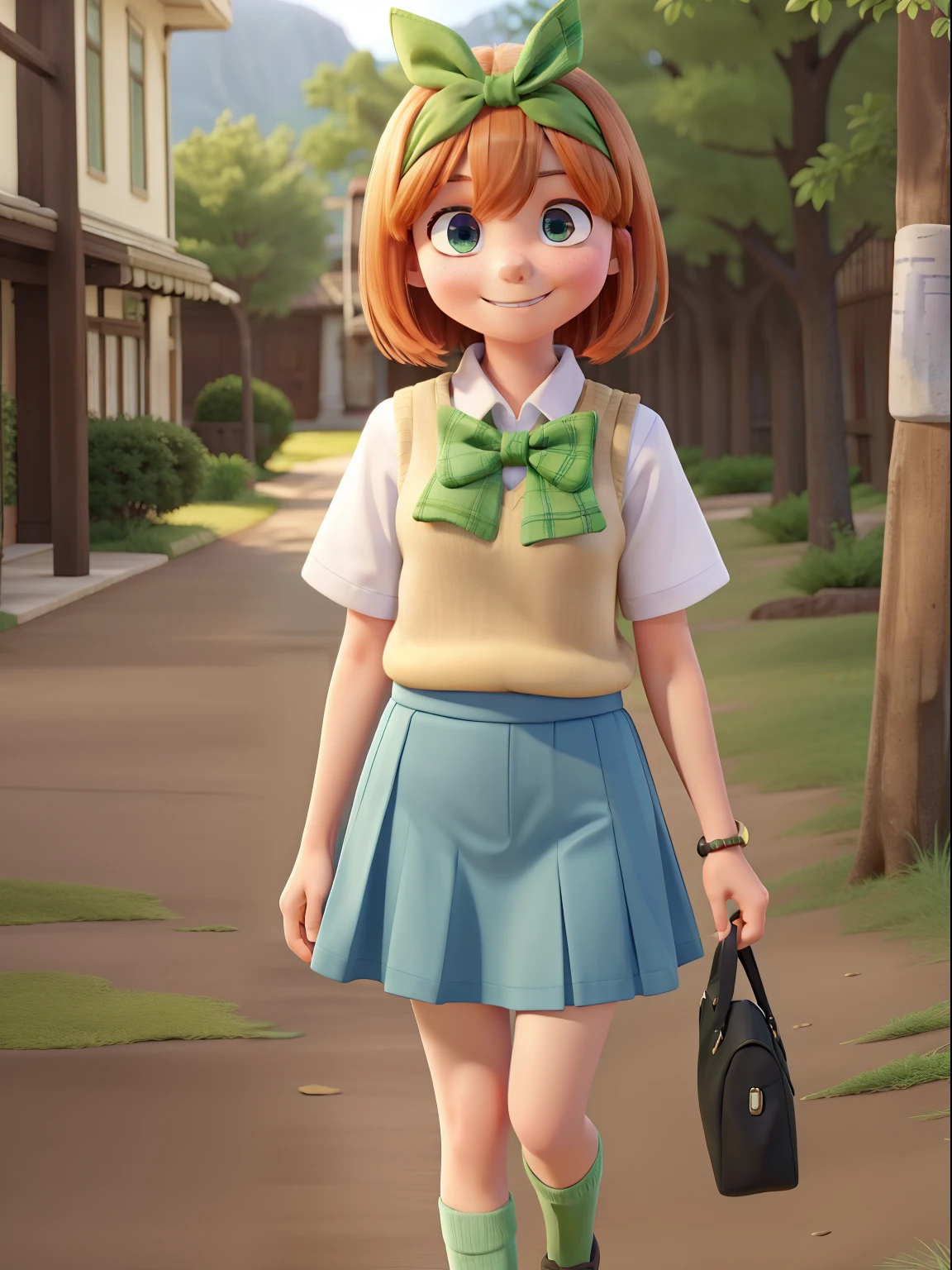Masterpiece, hd, yotsuba nakano, bangs, short hair, blue eyes, hair between eyes, hair ribbon, hairband, orange hair, blue eyes, green ribbon,skirt, shirt, bow, ribbon, school uniform, white shirt, short sleeves, pleated skirt, shoes, socks, collared shirt, miniskirt, bowtie, black footwear, kneehighs, green skirt, black socks, loafers, green bow, sweater vest, green ribbon, knee socks, outdoors, standing, smile, Disney Pixar style