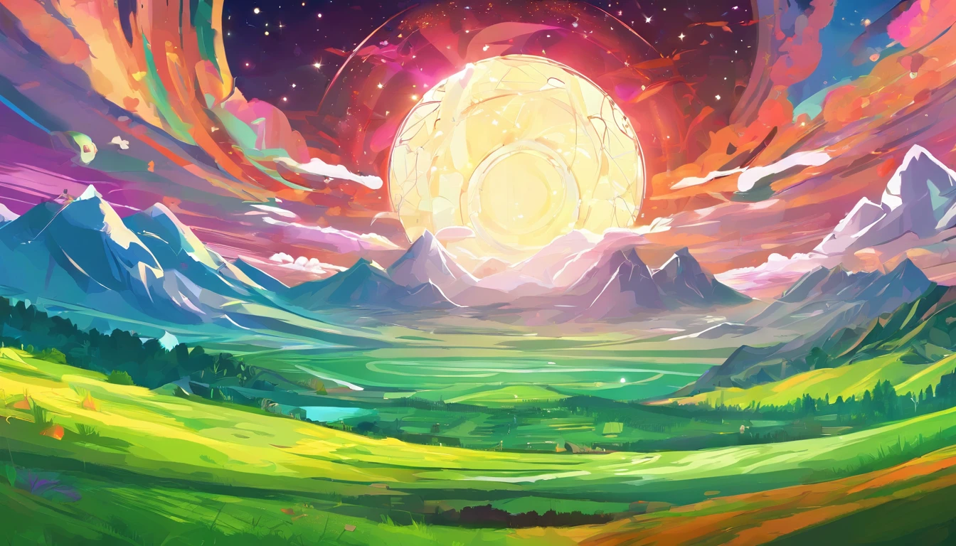 A giant mirror sphere floating in space, clouds, night, dark, starry, dust particles, flickering lights, sad hamster lost (heaven like green fields surrounded by high mountains and clouds:1.3), particles in the air, god rays, stars in the background, intricate fractals, detailed, (illustration), masterpiece, high resolution, best quality.
