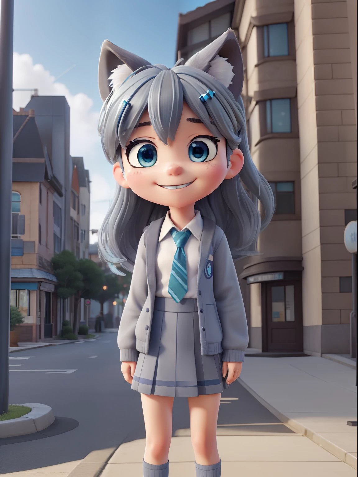 Masterpiece, hd, shiroko, animal ears, blue eyes, grey hair, hair ornament, hairpin, halo, medium hair, wolf ears, school uniform, standing, outdoor, city, smile, Disney Pixar style