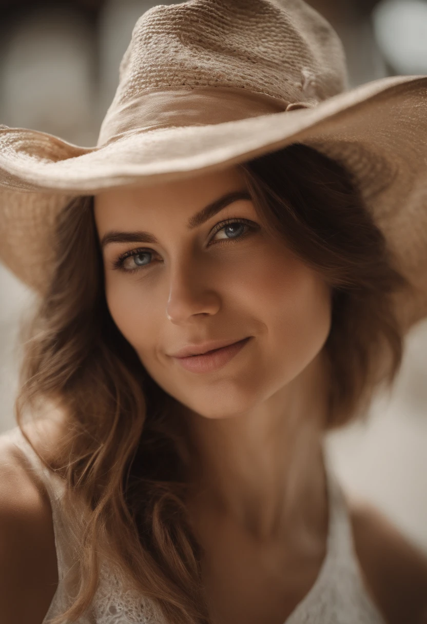 Bitte generiere ein Bild einer jungen Frau, wearing a tank top and necklace. Sie hat braune Haare, Size, blau schimmernde Augen und ein dezentes, Natural makeup. Das Selfie zeigt sie ohne sichtbares Make-up und sie schaut direkt in die Kamera. Das Gesicht sollte realistisch wirken. The full-body shot of this attractive woman should show an eye-catching pose, und sie hat stechend blaue Augen. The girl has a sweet charisma and the pose should also be cute. Bitte stelle sicher, that the woman's entire body can be seen in the picture. Der Hintergrund sollte klar und unkompliziert sein. Die Details des Bildes sollten besonders hochwertig sein.