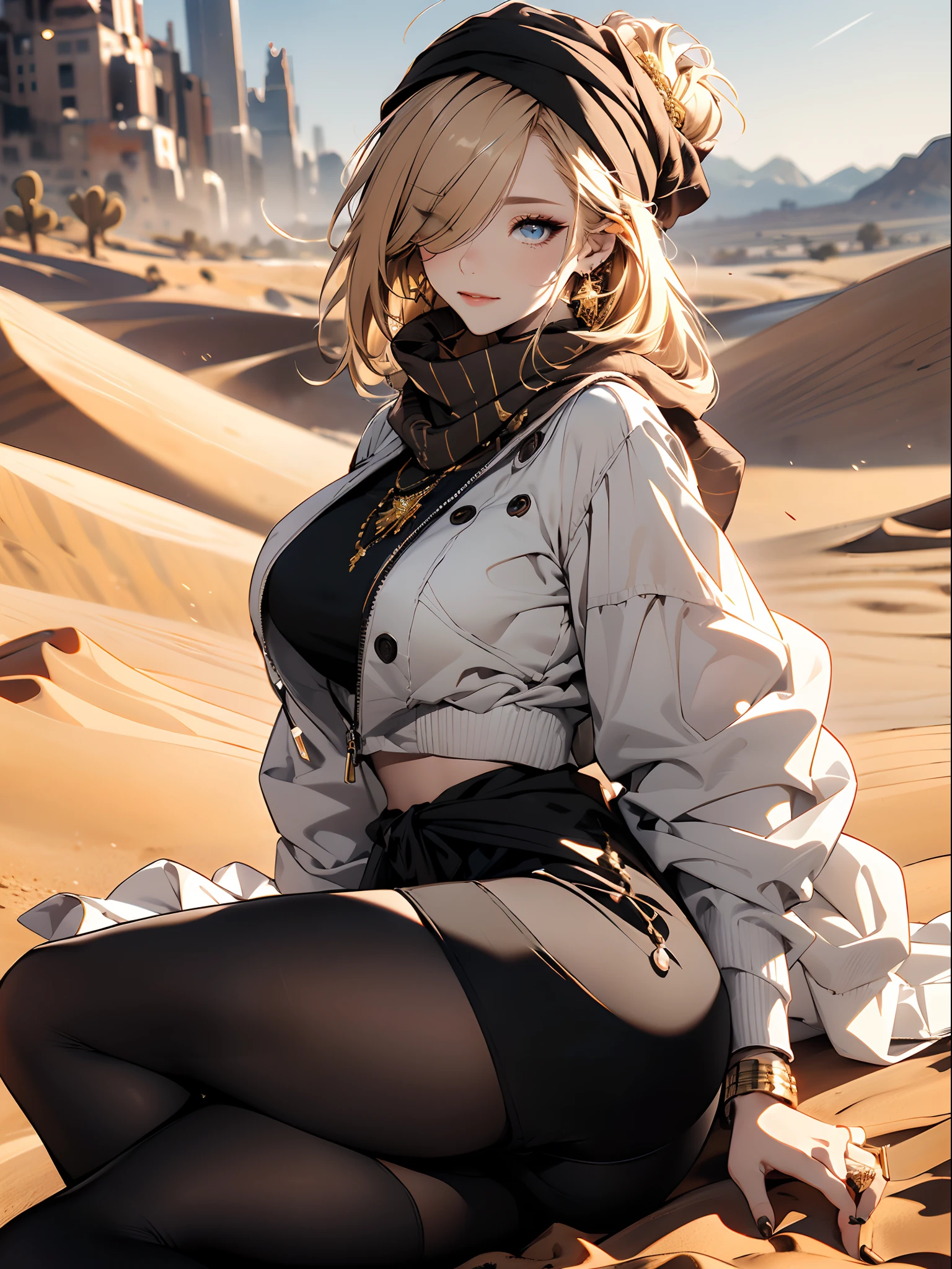 a matured woman with long hair and a white outfit, ((in a desert:1.5)), (resting in oasis:1.2, at lakeside:1.2, sitting cross-legged:1.0, with Indian style), Arabic, (Post apocalyptic:1.0), from arknights, artwork in the style of guweiz, bodyesbian, fine details. girls frontline, beautiful anime illustration, from girls frontline, by Yang J, stunning, 26 years old, (solo:1.5), (sfw:1.25), sagging breast, large breasts, big tits, thin waist, big ass, Raised sexy, (dark mahogany medium short hair, updo, hair over one eye, asymmetric hair, Carly hair, low tied),(musulman, Headscarfs, hair bands, head vandage, Turban), (ultra high resolution, 8K RAW photo, photo realistics, weak outline:1.3, clear focus), best qualtiy, natural lighting, blurry back ground, field depth, (Bright pupils, detailed beautiful eyes, high detailed face), Red lip, looking at viewers, (tight focus:1.2, from above), sexy posing, seductive weak smiling, center image, (wearing white long jacket and clothes, wearing short pants, gold ornaments, white clothes rolling around waist, camel-brown long leather boots, translucent lace pantyhose), ((correct anatomy:1.5)), ((outdoor:1.2)),