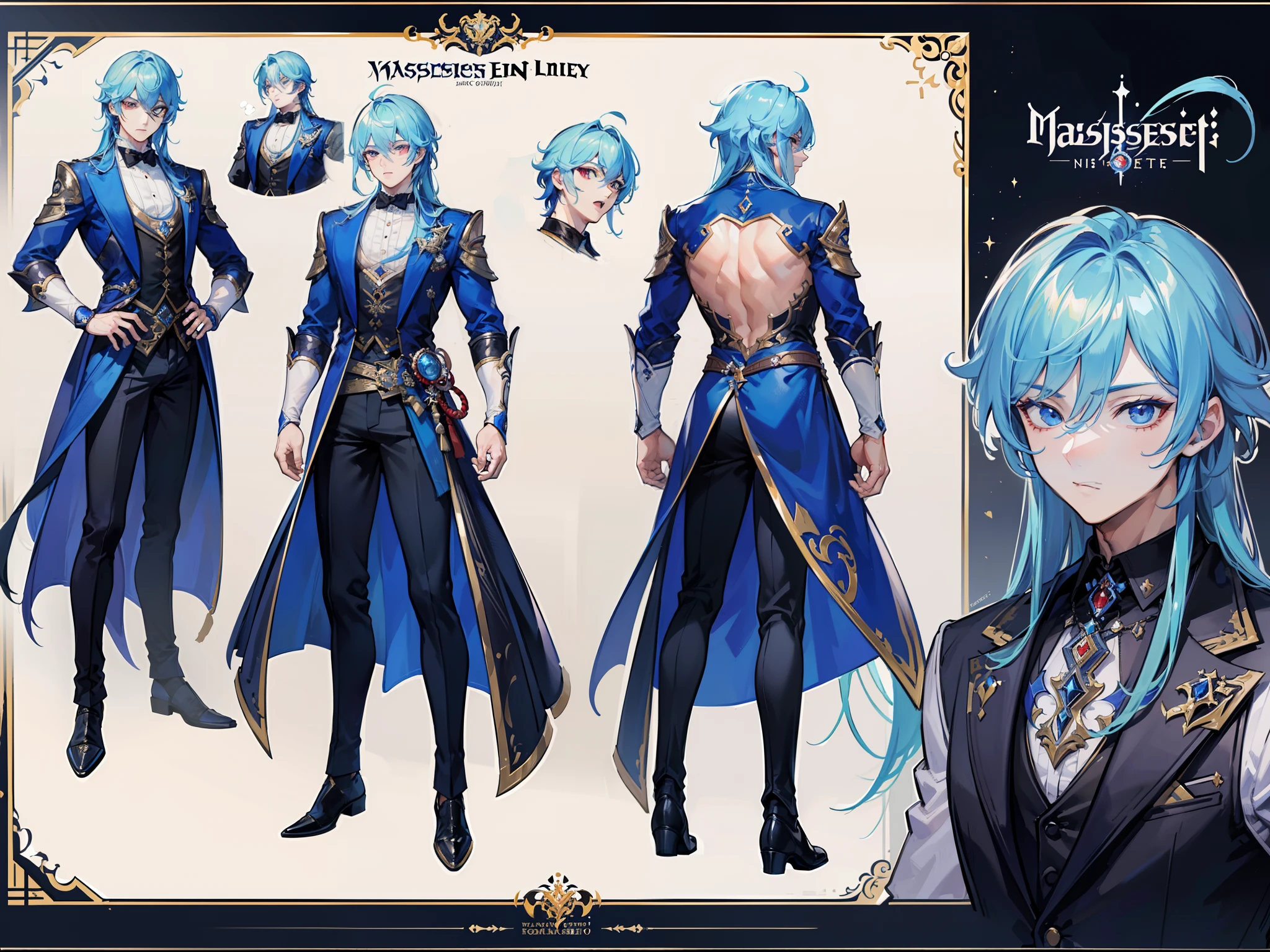 ((Masterpiece, Highest quality)), Male, boy, Detailed face, character design sheet, full bodyesbian, Full of details, frontal body view, back body view, Highly detailed, Depth, Many parts, Muscle boy with blue long hair,handsome man, vampire outfit clothes, Genshin Impact, man tall