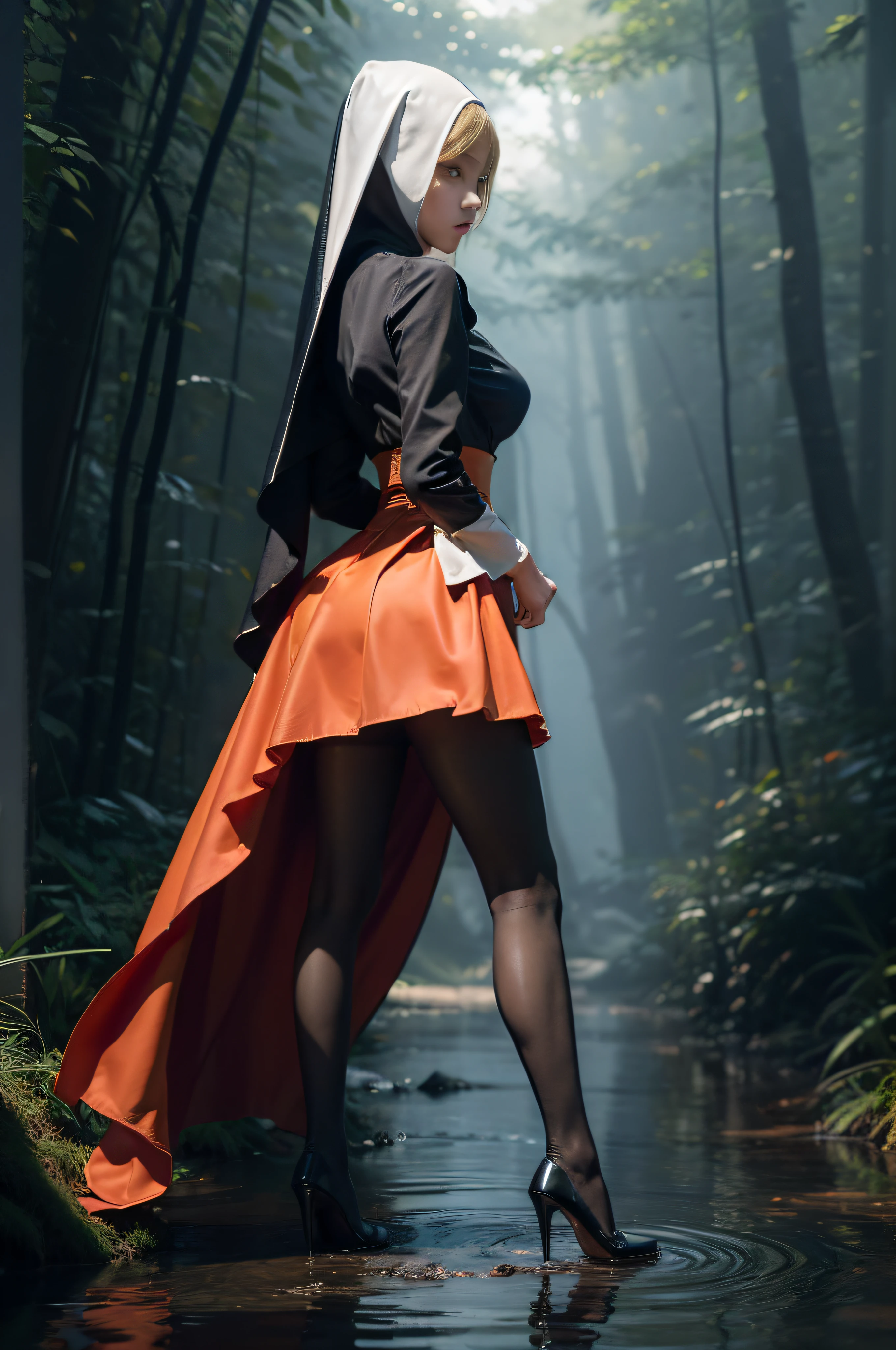 (full - body:2),(1girl:1.3),(Viewer Viewer Viewer:1.4),(Anatomy is correct:1.4),(((Colorful pantyhose)):1.3), (Pointy thick heels :1.3),,((Dancing by the Stream in the Forest):1.2),((Nun's knee-length skirt set):1.3),(Elongated blonde hair:1.2),(A neat and flawless face:1.3),(Long legs and big feet:1.3),((Polished Clothing):1.2),((Skin reflection , Skin Gloss):1.2),((((( Colorful)))):1.2),Гипер HD, ray traced, reflection light, Structurally correct, Award-winning, high detail, Lighten the contrast of the shade, face lighting ,Cinematic lighting, Masterpiece, superdetail, hiquality, high detail, Best Quality, 16k,High contrast,