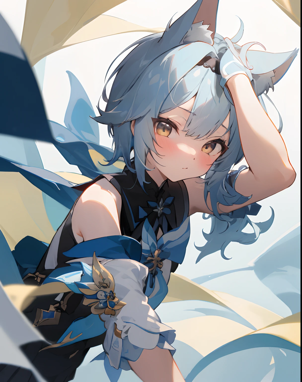 （（tmasterpiece，best qualityer）），1girll，独奏， hyper detail eyes，The upper part of the body，light blue school uniform，exposed bare shoulders，Playful and cute