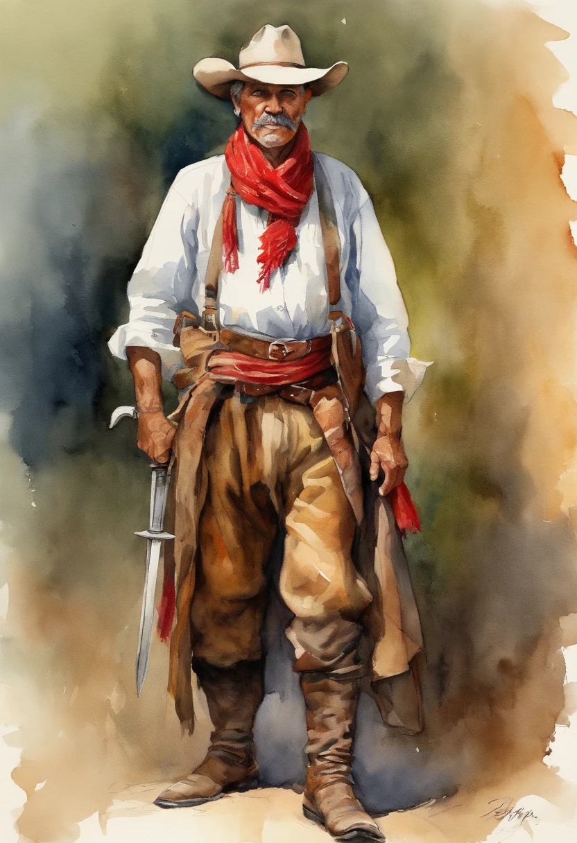 Brazilian, native gaucho, roper, old man, wide pants, wide belt, leather boots, sword, red knotted scarf