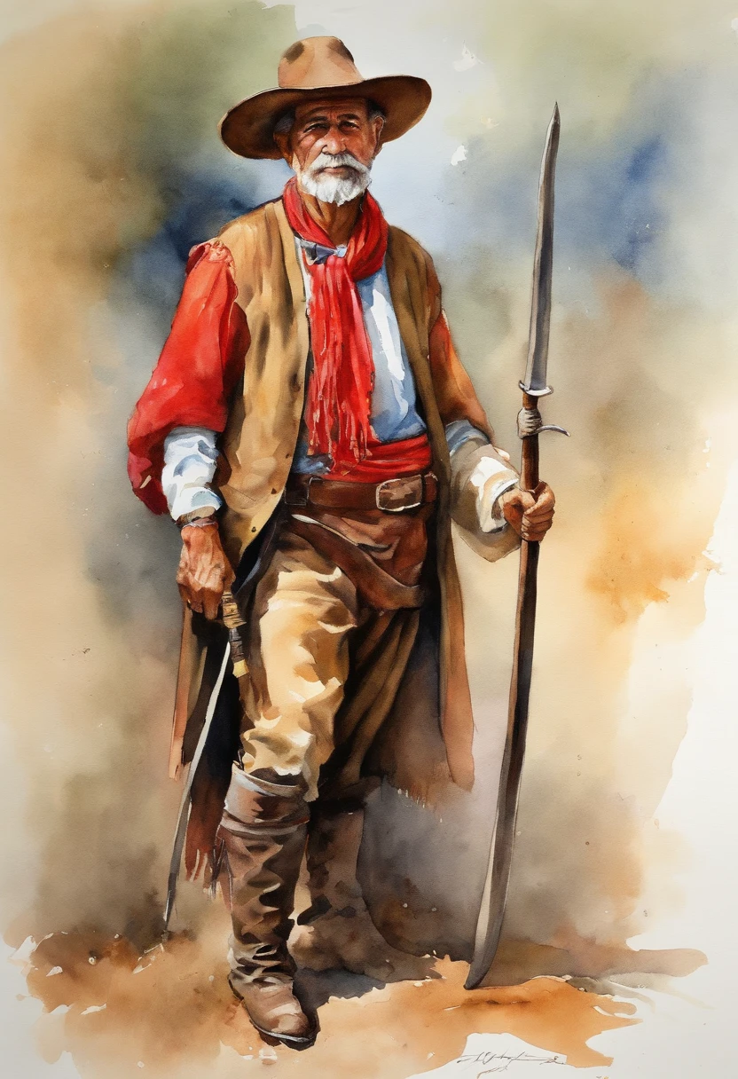Brazilian, native gaucho, roper, old man, wide pants, wide belt, leather boots, sword, red knotted scarf