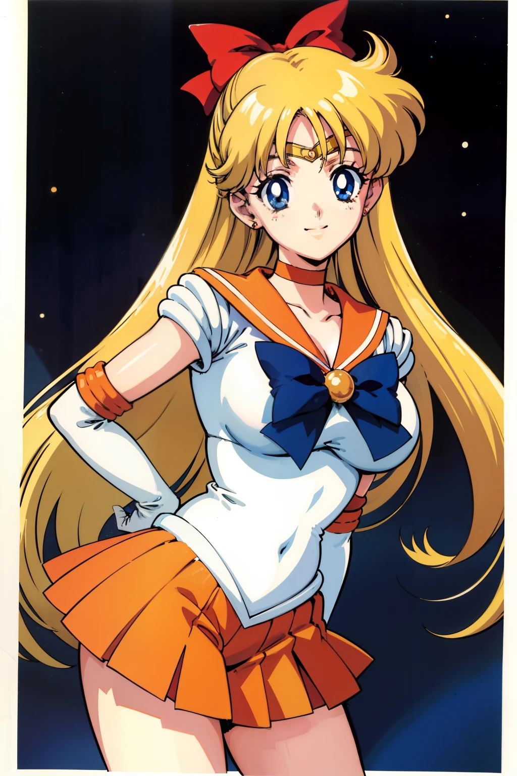 1990s anime cels style, Best Quality, High resolution, large breasts, sv1, sailor senshi uniform, orange skirt, elbow gloves, tiara, pleated skirt, orange sailor collar, red bow, orange choker, white gloves, jewelry, smile, night