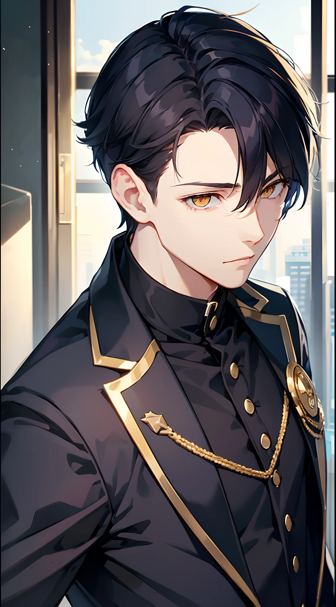 1boy, short navy hair, white highlights in hair, golden eyes, wearing black school uniform, classroom, standing on ground, high res, ultra sharp, 8K, masterpiece
