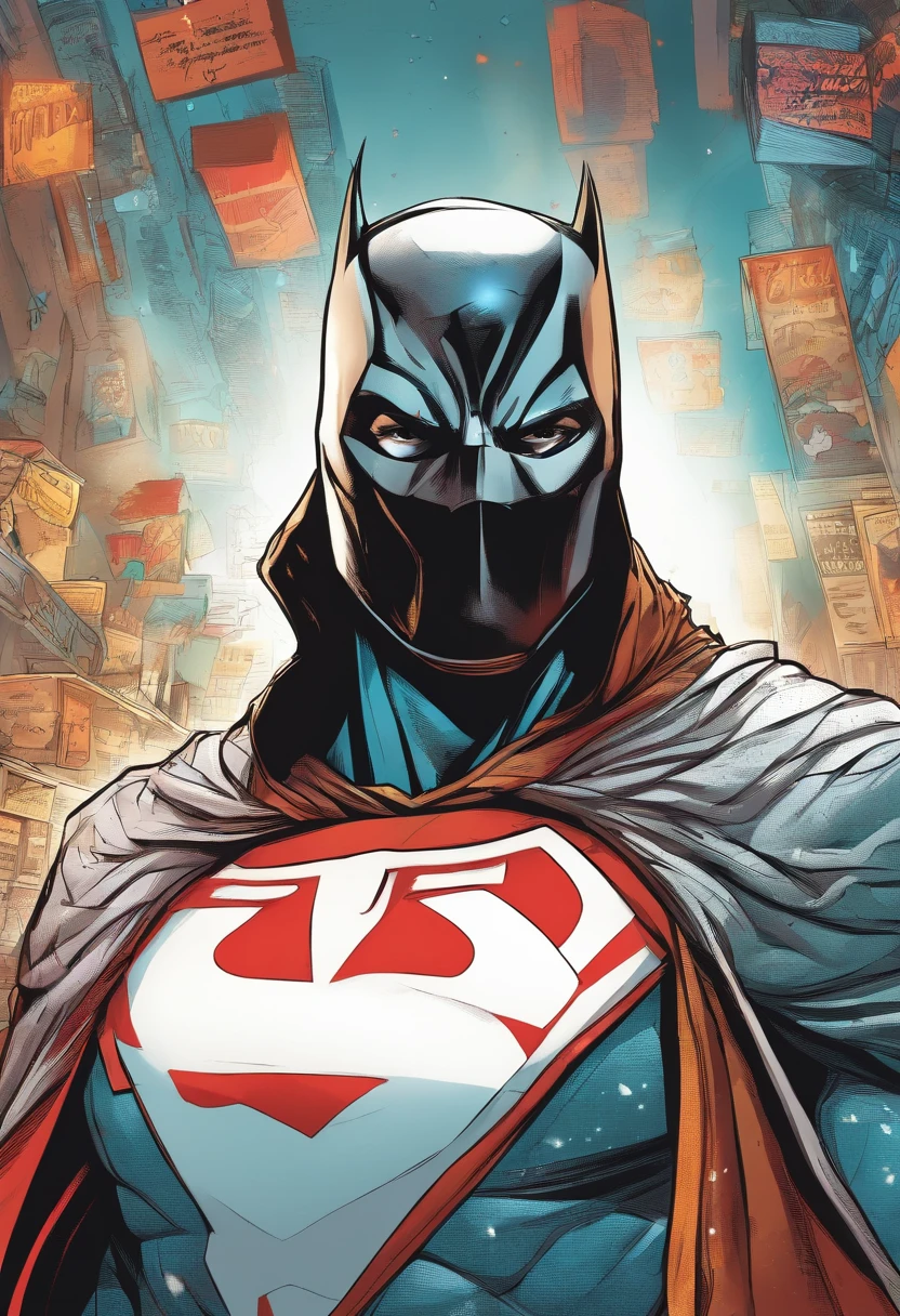 Superhero standing with the hood down, revealing his mask and his white in a modern criminal world, Digital painting, Comic book style, Artistation, Meticulous details, Located in streets