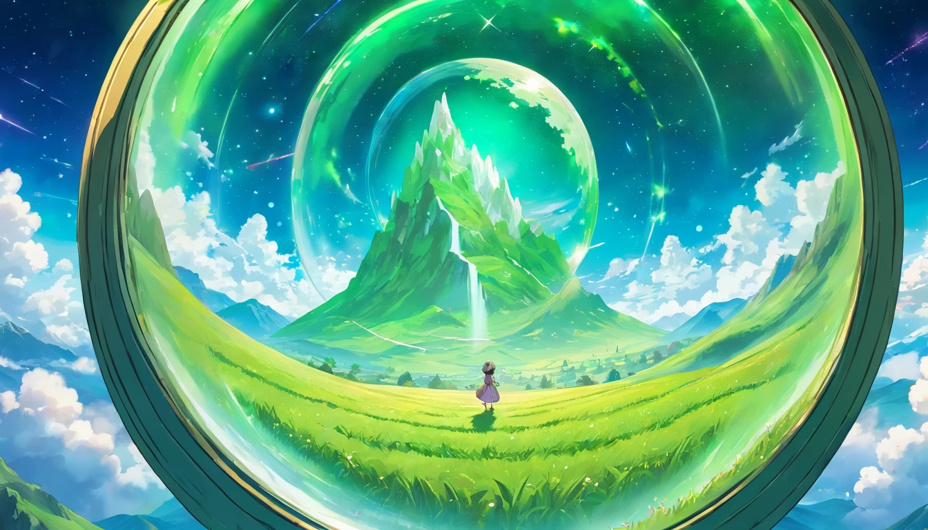 A giant mirror sphere floating in space, flickering lights, sad hamster lost (heaven like green fields surrounded by high mountains and clouds:1.3), particles in the air, god rays, stars in the background, intricate fractals, detailed, (illustration), masterpiece, high resolution, best quality.
