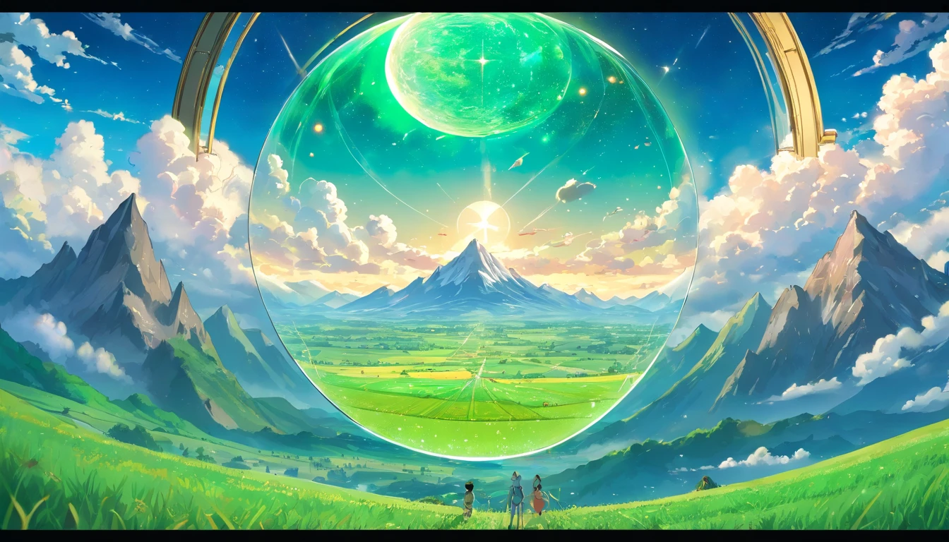 A giant mirror sphere floating in space, flickering lights, sad hamster lost (heaven like green fields surrounded by high mountains and clouds:1.3), particles in the air, god rays, stars in the background, intricate fractals, detailed, (illustration), masterpiece, high resolution, best quality.