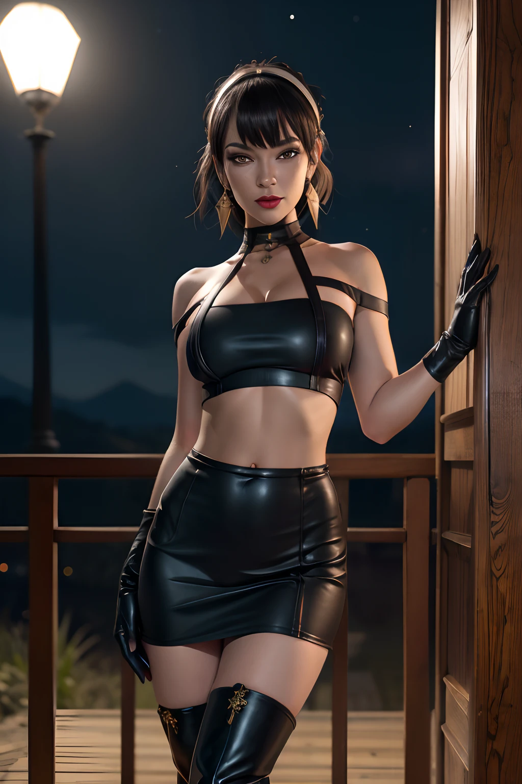 masterpiece, best quality, highres, aayorf, sidelocks, gold hairband, hair ornament, red eyes, gold earring, large breasts, choker, bare shoulders, black dress, two-sided dress, fingerless gloves, thigh boots, cowboy shot, standing, looking at viewer, outdoors, night, (((midriff exposed)))