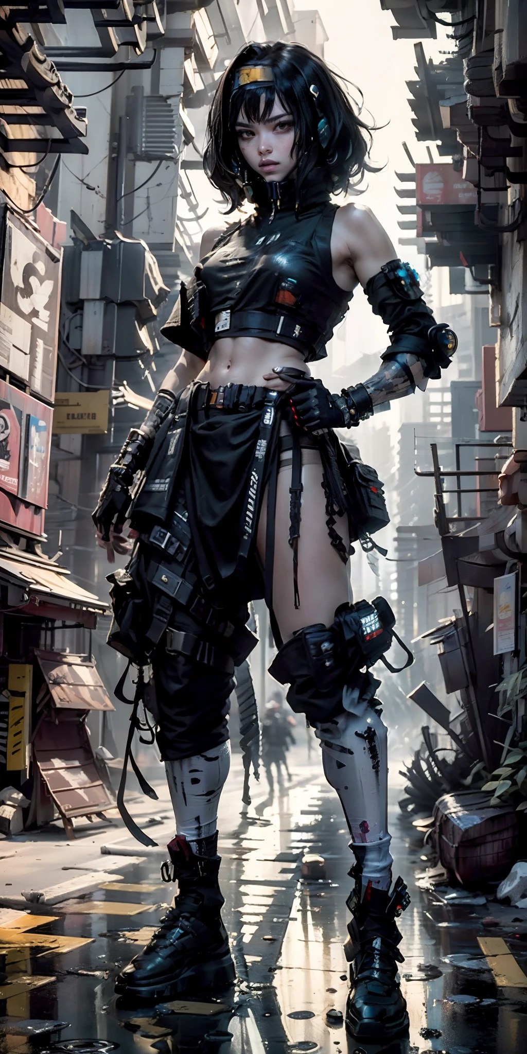 ((Best quality)), ((masterpiece)), (highly detailed:1.3), 3D, beautiful (cyberpunk:1.3) street samurai woman with thick shapeless hair, pistols worn on hips, cinematic lighting, depth of field.