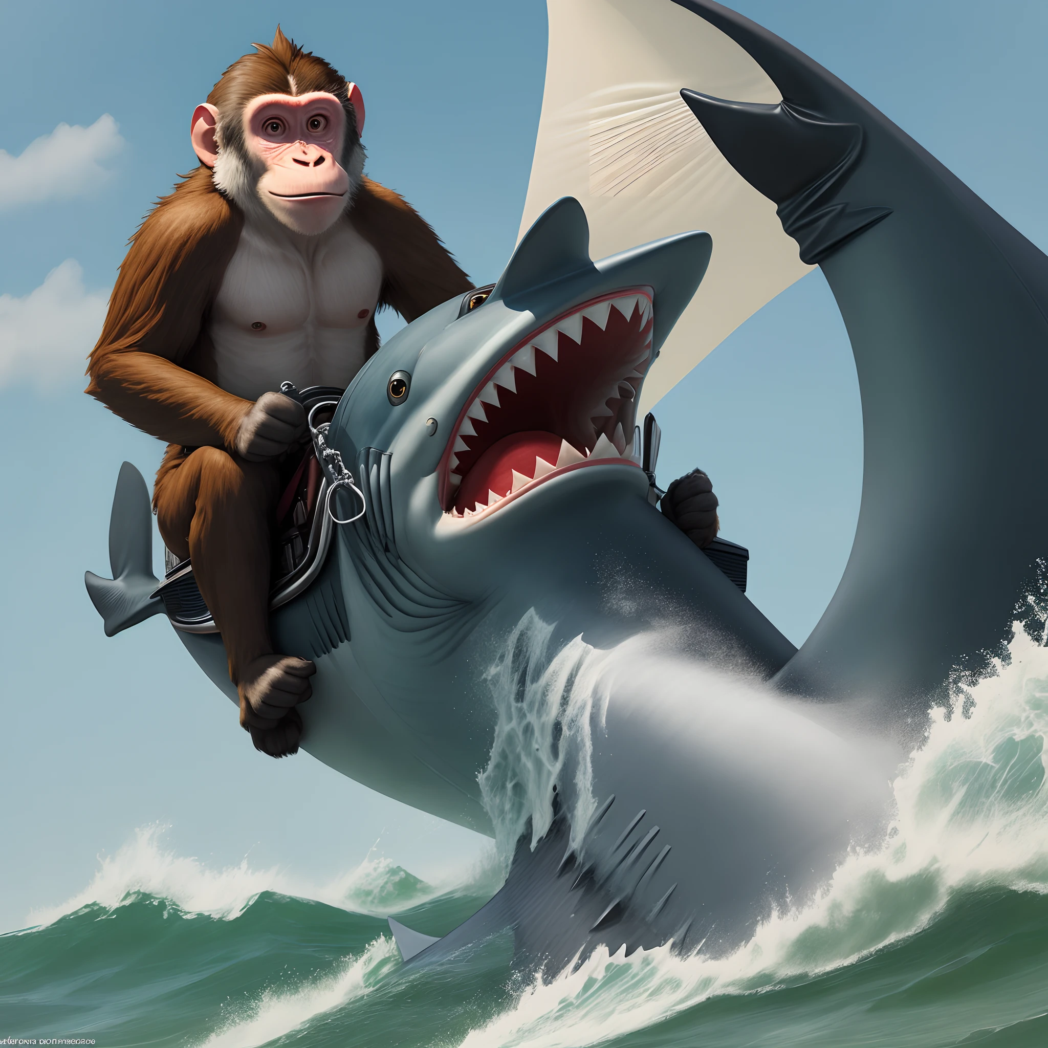 The monkey rides on the shark and looks ahead