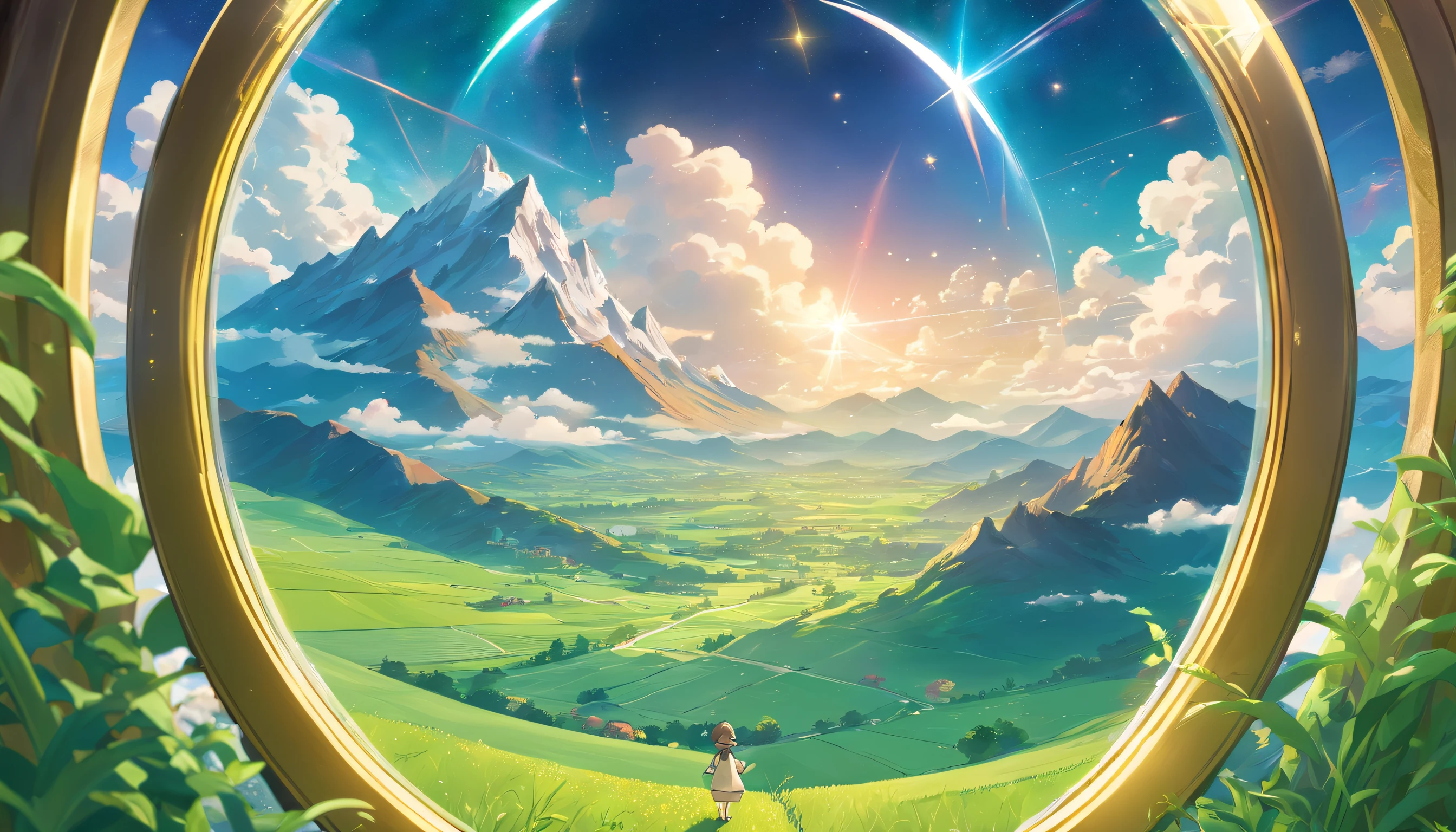 A giant mirror sphere floating in space, flickering lights, sad hamster lost (heaven like green fields surrounded by high mountains and clouds:1.3), particles in the air, god rays, stars in the background, intricate fractals, detailed, (illustration), masterpiece, high resolution, best quality.