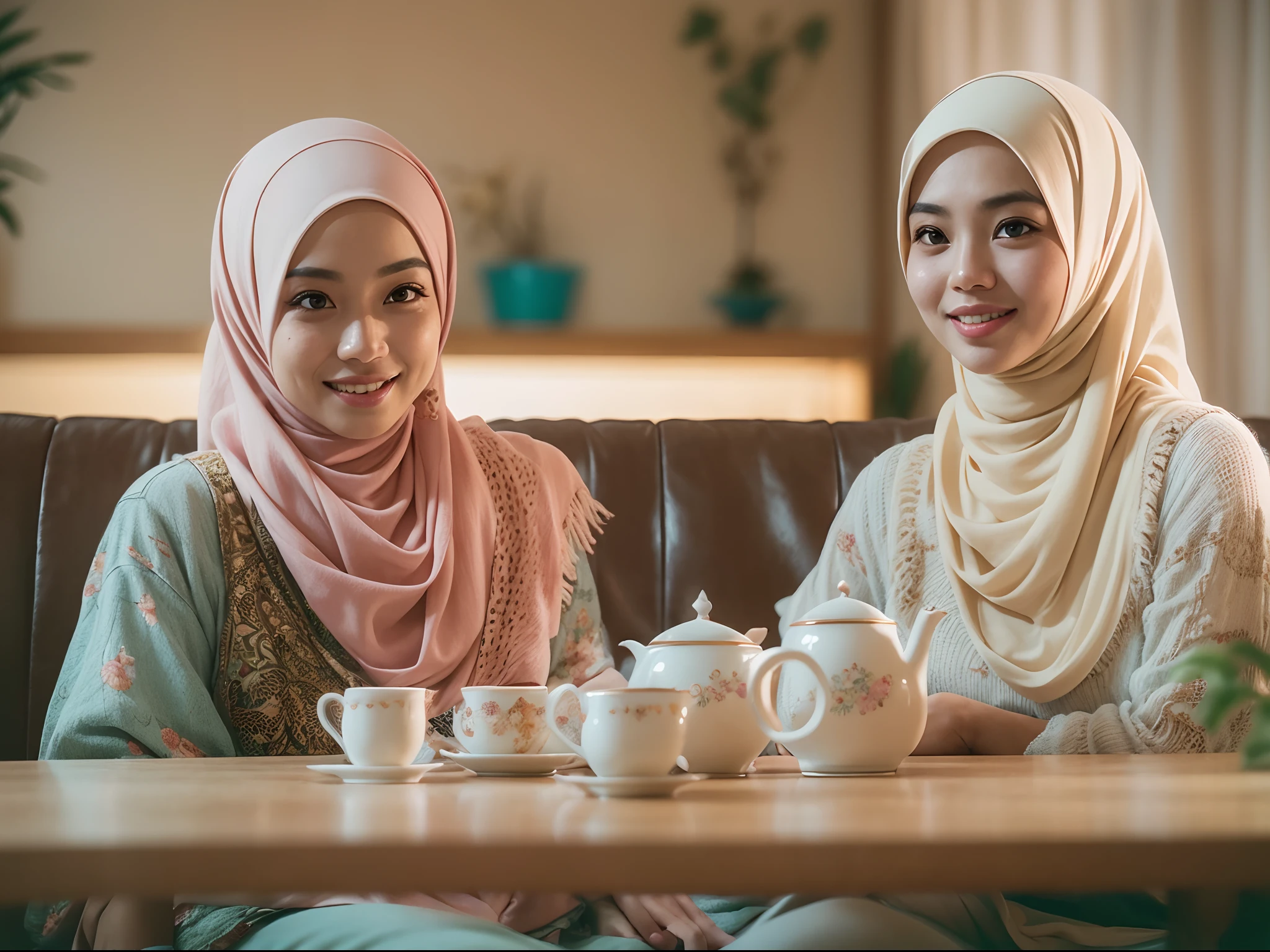 Two malay friends wearing hijabs and having tea in a cozy living room. Art style: Photorealistic, pastel color theme,Super 8mm lense, Extreme close-up, High Contrast cinematography effect, bright Natural Lighting, Desaturate color grading, high quality, ultra detail, 8k resolution,