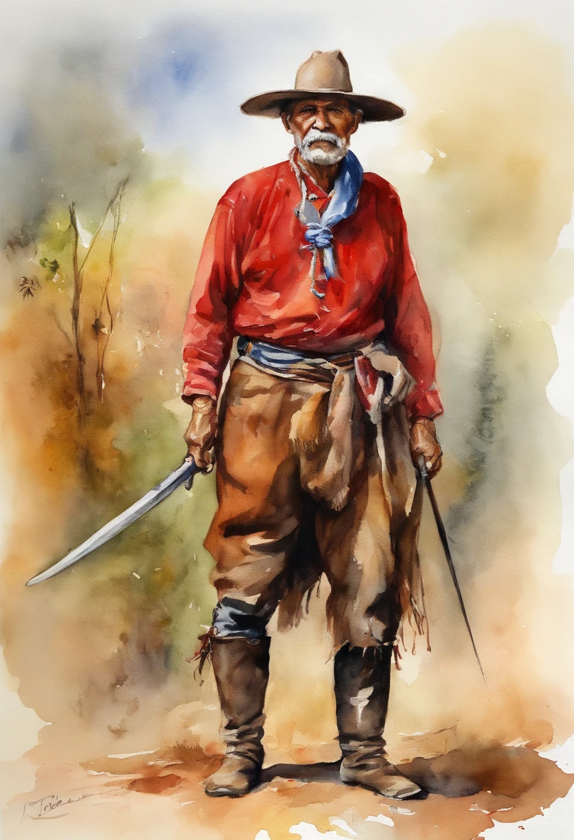 Brazilian, native gaucho, roper, old man, poncho, leather boots, sword, red scarf with knot,