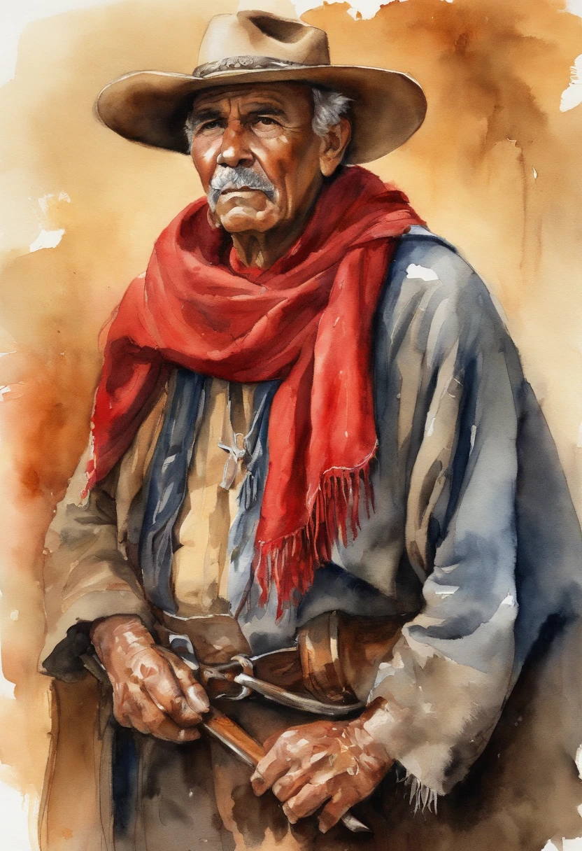 Brazilian, native gaucho, roper, old man, poncho, leather boots, sword, red scarf with knot,