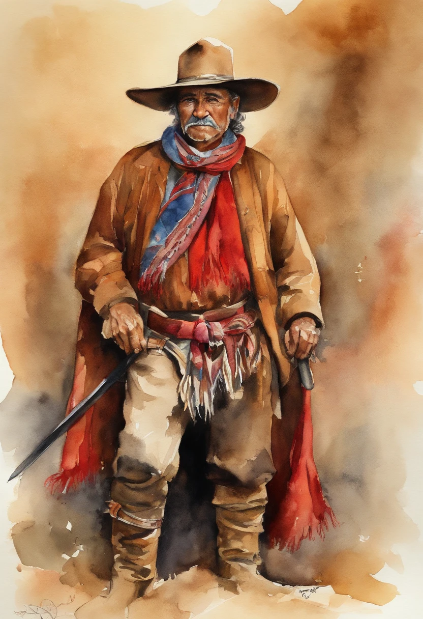 Brazilian, native gaucho, roper, old man, poncho, leather boots, sword, red scarf with knot,