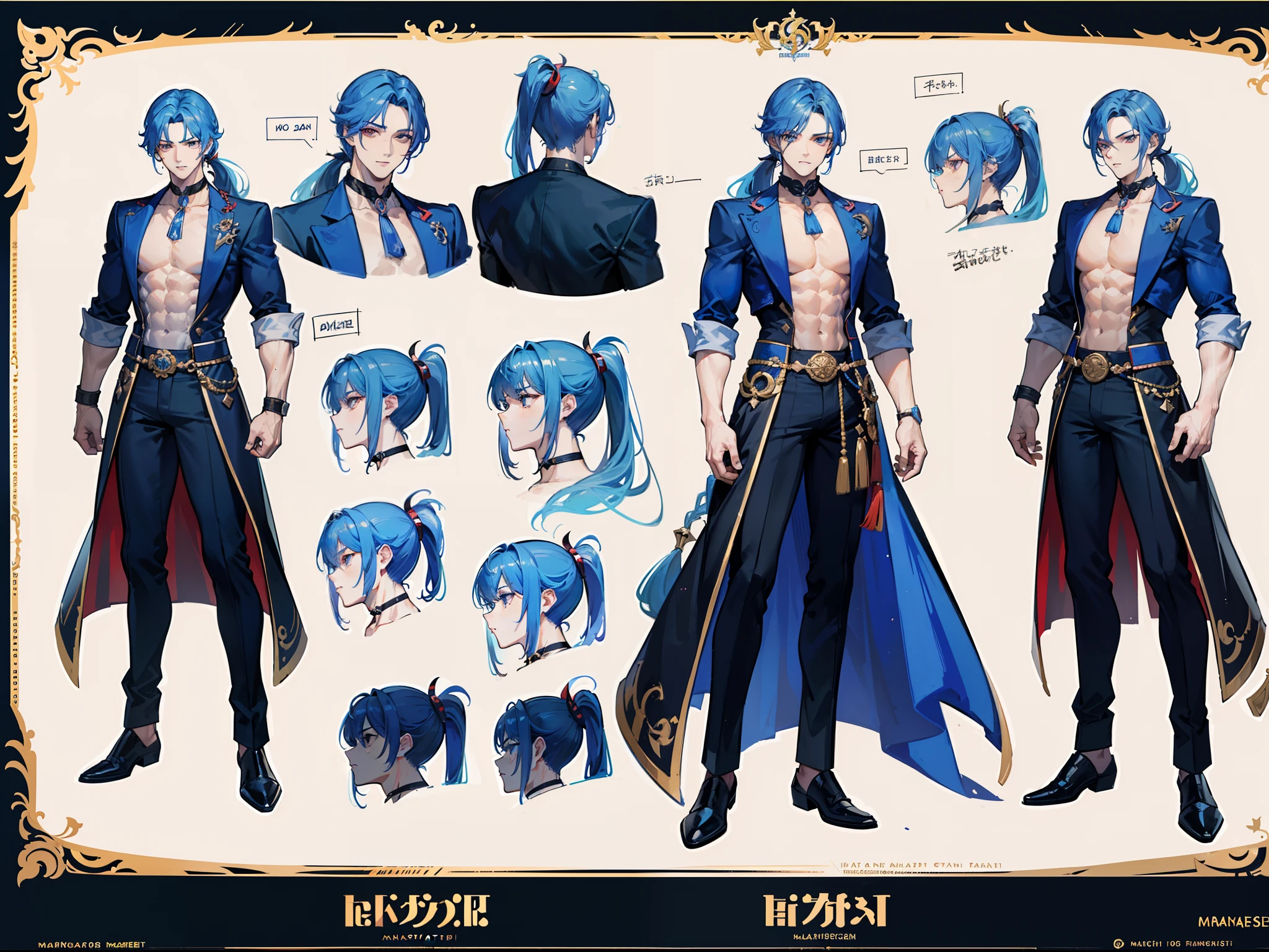 (Masterpiece, best quality), detailed, 1 man, ((character concept art)), ((character design sheet, same character, front, side, back)), full body, body complete, 1 Male angel, 1 Man angel, Detailed face, character design sheet,full bodyesbian, Highly detailed, character sheet, character design, Many parts, dark skin, angel wings, long ponytail blue hair, angel outfit, muscle male god, male clothes, masculine, muscle man, male muscle, manly, male angel, Muscle male with long ponytail blue hair,beautiful man, beautiful muscle man